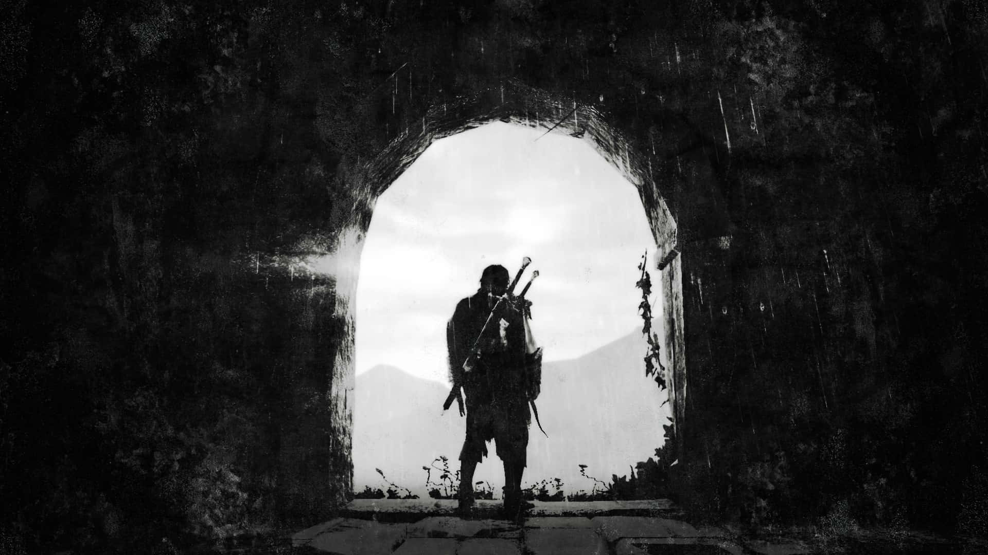 720p Shadow Of Mordor 桌布 壁紙 — 一個孤獨的戰士以剪影姿態站在石拱門前，手持劍，雨水落在黑暗的古老牆壁上。