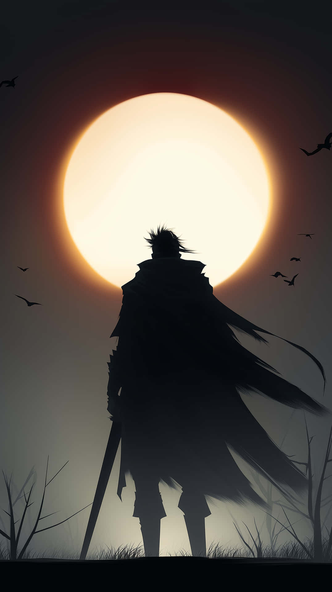 Lone Warrior Sunset: Epic Fantasy Silhouette Art 壁紙 — 一個孤獨的戰士以剪影形式站在一個巨大的發光太陽前，鳥兒在他周圍飛翔。