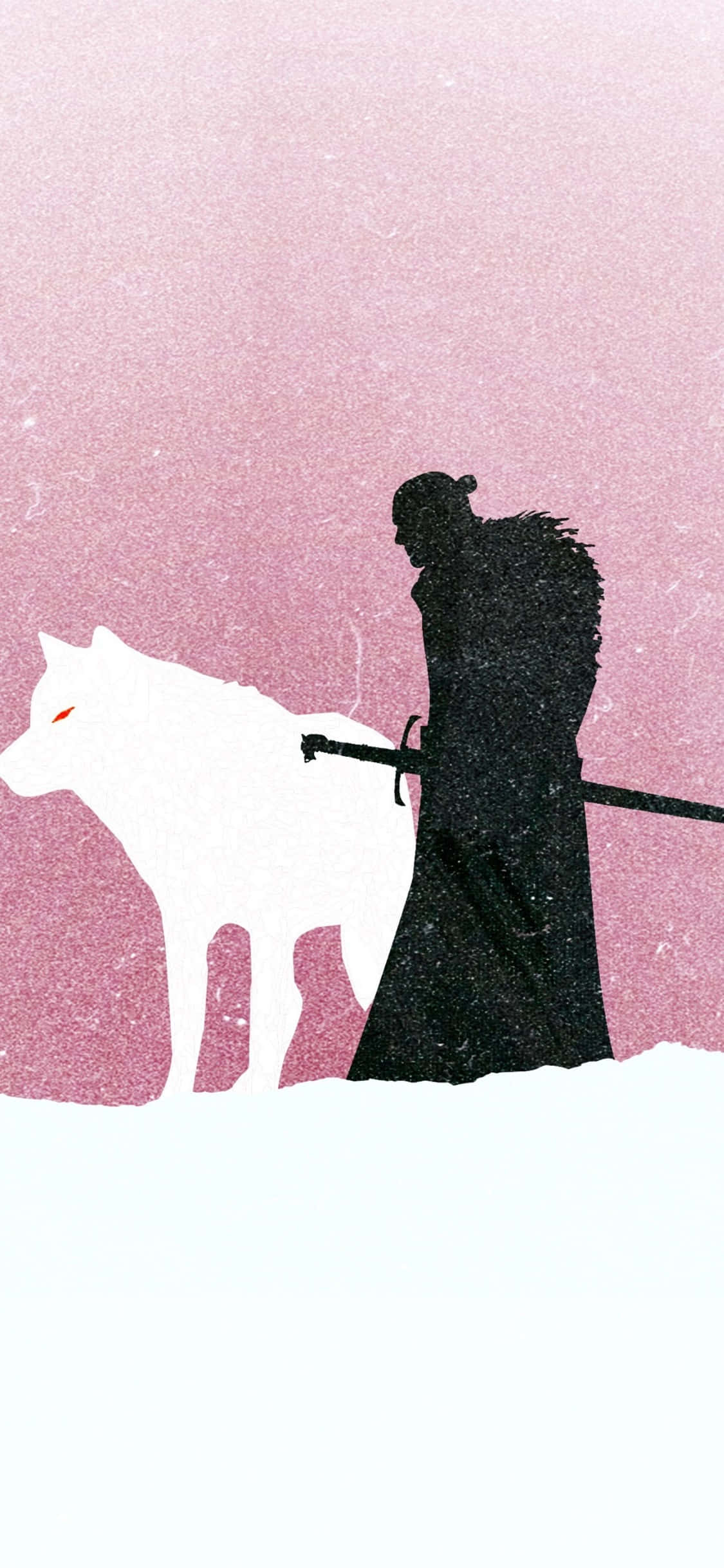 Game Of Thrones iPhone 桌布 壁紙 — 一個孤獨的戰士以黑色剪影站在一隻白狼旁邊，背景是帶有紋理的粉紅色天空。