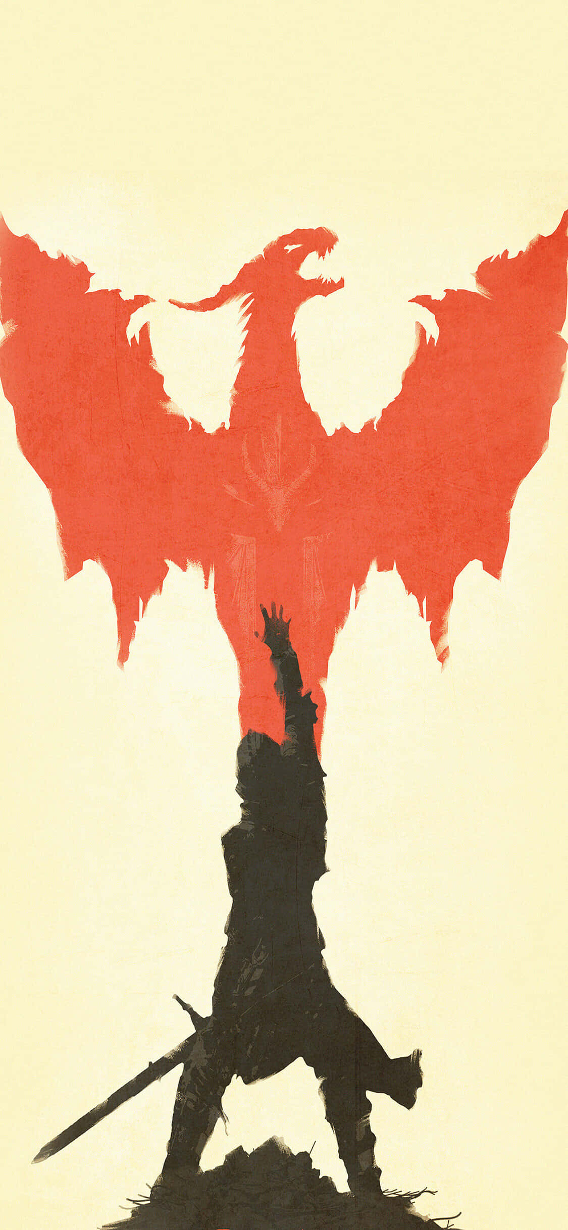 iPhone Xs Dragon Age Inquisition 桌布 壁紙 — 一個孤獨的戰士剪影，在淡黃色背景上，向著一個巨大的紅色龍剪影舉起劍。