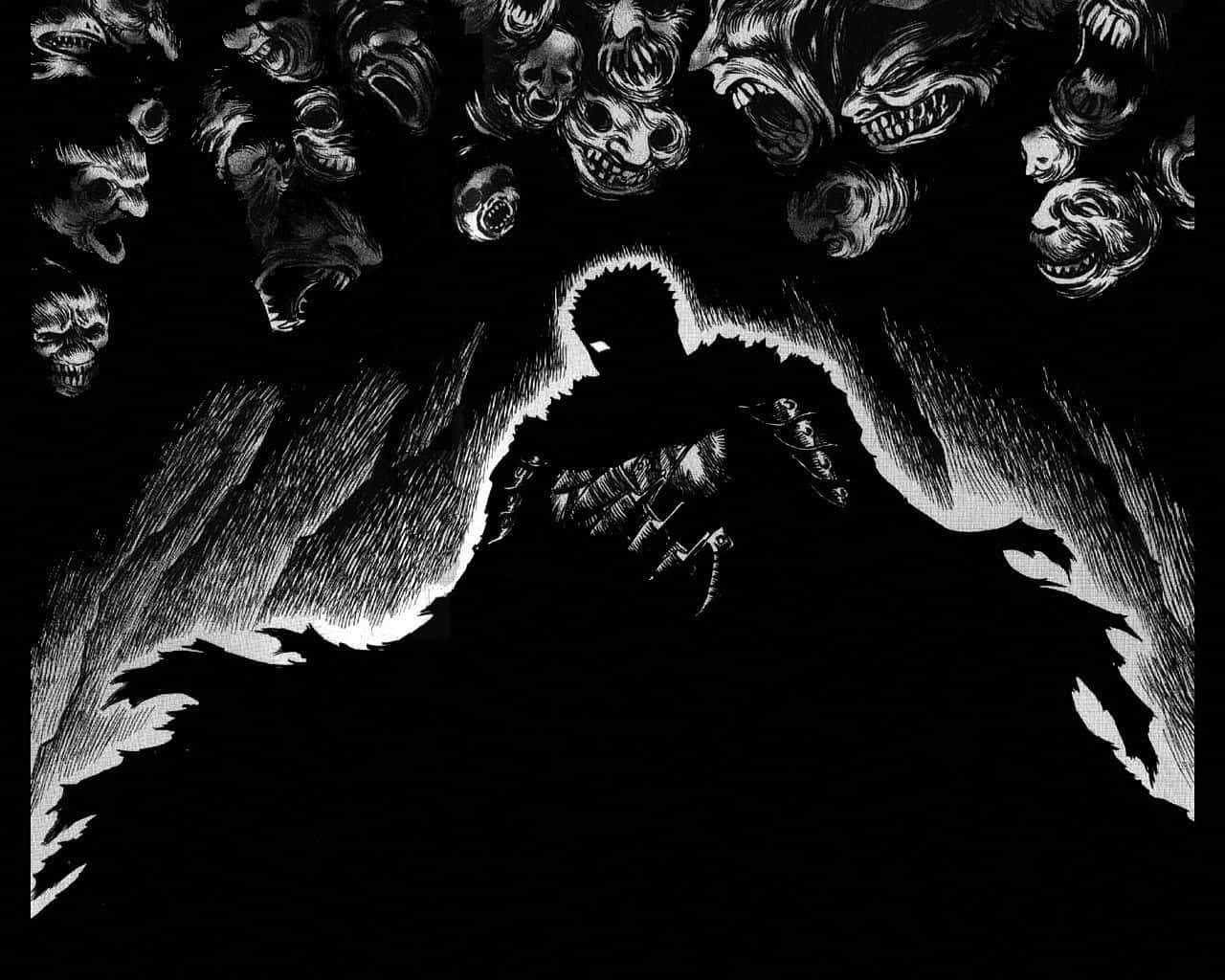 在黑白插圖中，剪影戰士面對一群尖叫的骷髏。 — 漫畫gif 壁紙