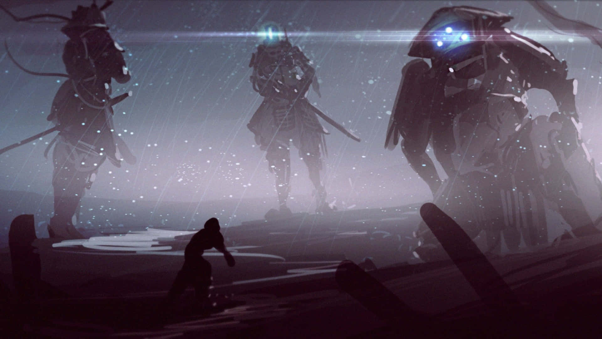 武士動畫 桌布 壁紙 — 一個孤獨的戰士在星光燦爛、雨水浸濕的天空下，跪在高聳的機器人和裝甲人物面前。