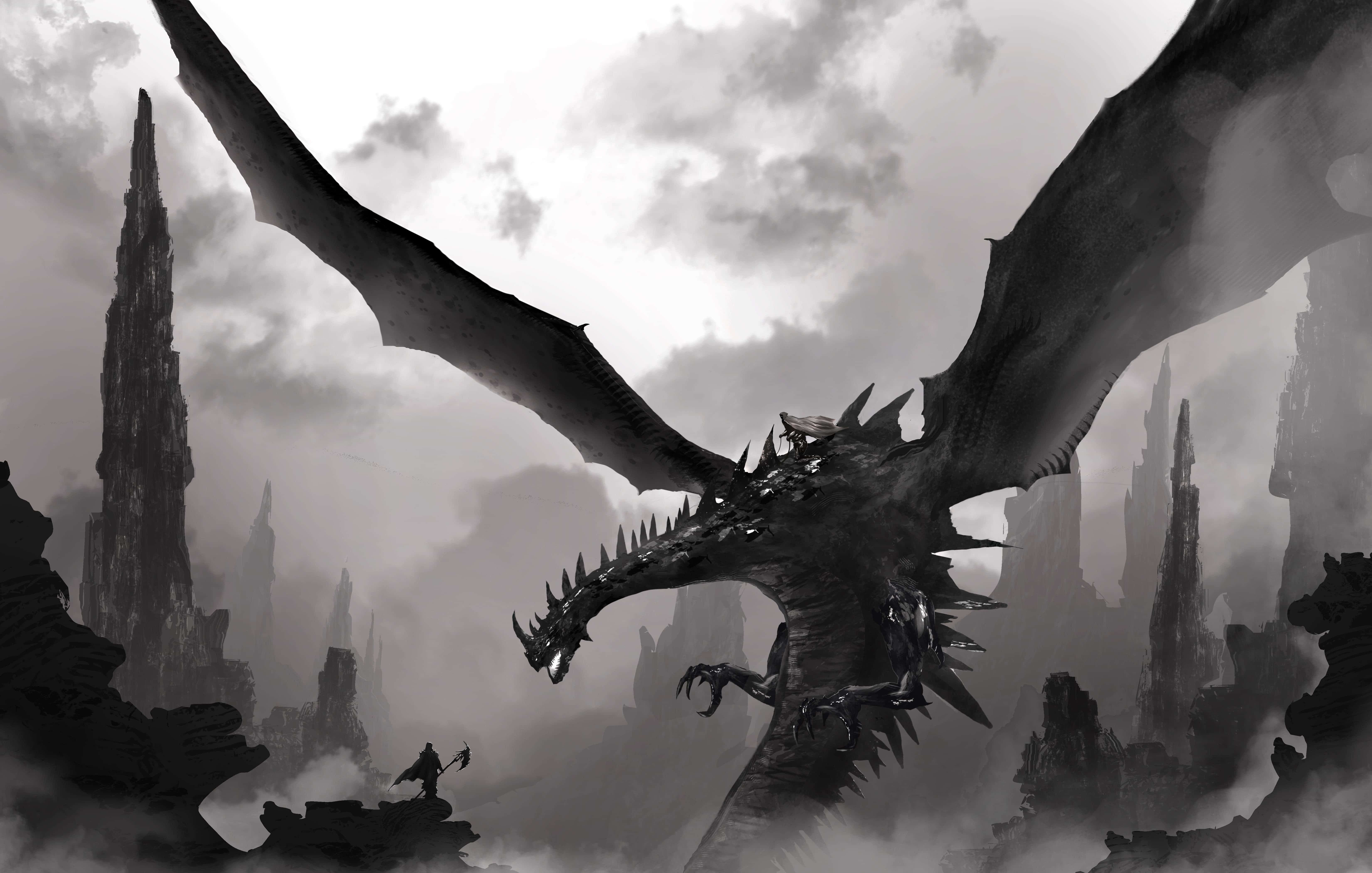 Mythical Dragon 桌布 壁紙 — 一個孤獨的戰士在暴風雨的天空下，挑釁地站在一條在鋸齒狀山峰上空翱翔的巨龍面前。