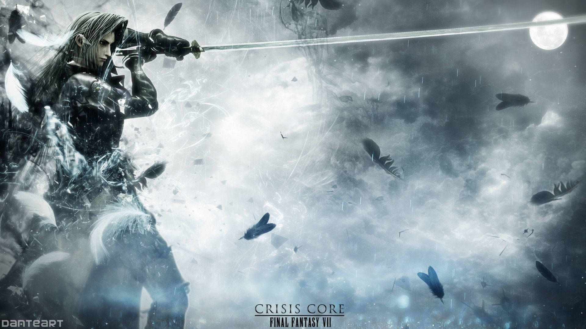 Sephiroth 桌布 壁紙 — 一個孤獨的戰士在滿月下揮舞著發光的劍，周圍是旋轉的雪花和飄落的羽毛。