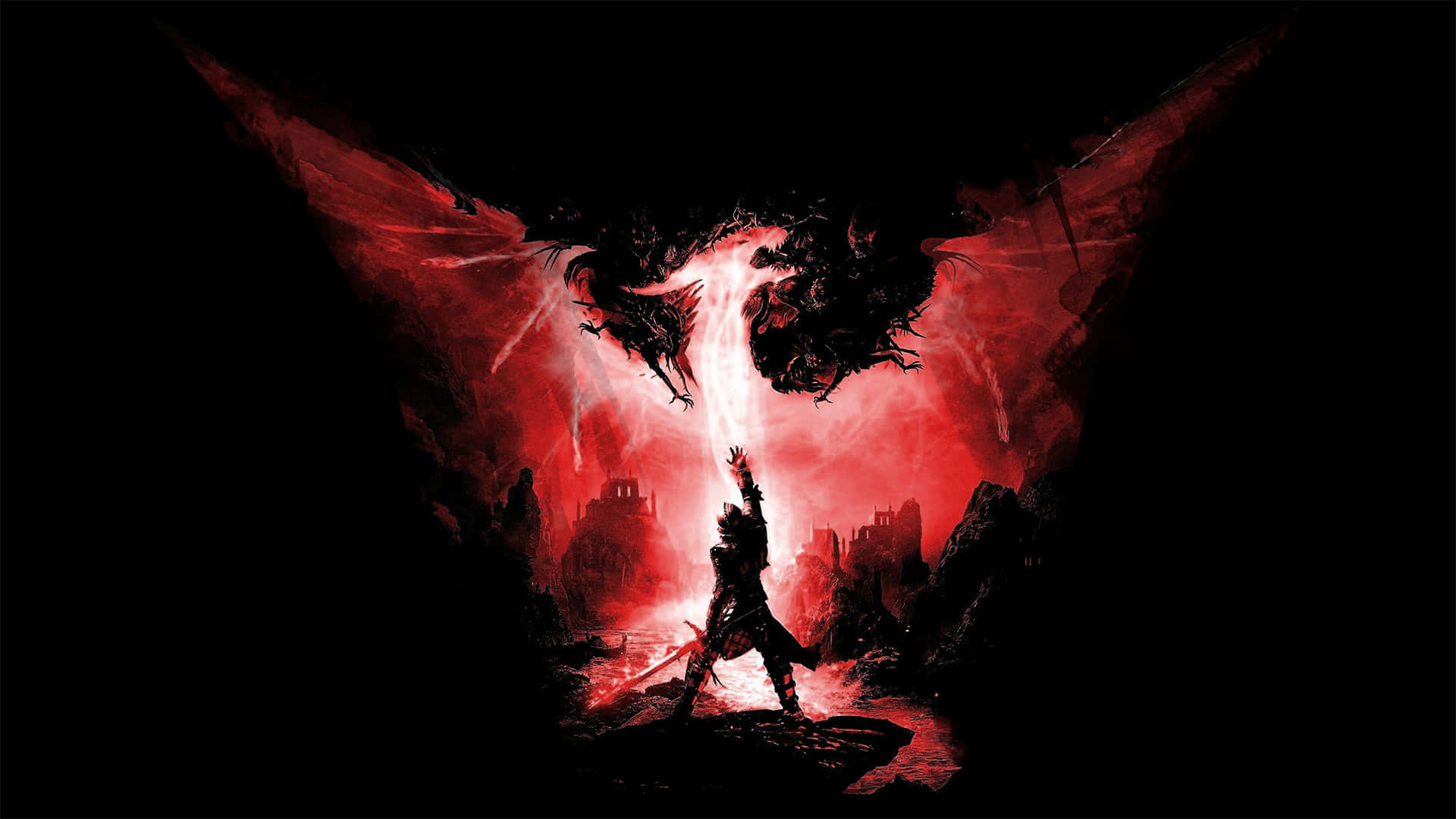 Red Gaming 桌布 壁紙 — 一個孤獨的戰士在黑暗、熾熱的洞穴般戰場上，挑釁地面對一個巨大的紅翼惡魔。