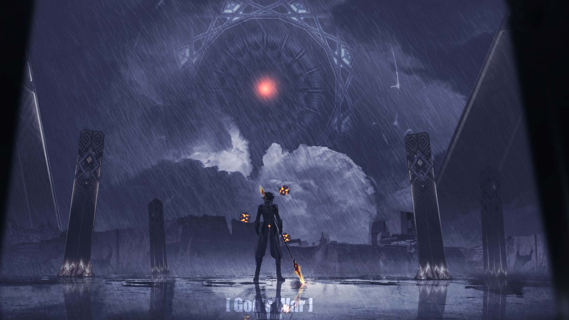原神 桌布 壁紙 — 一個孤獨的戰士帶著發光的球體，站在風雨交加、濕滑的廢墟中，天空中有巨大的發光紅眼。