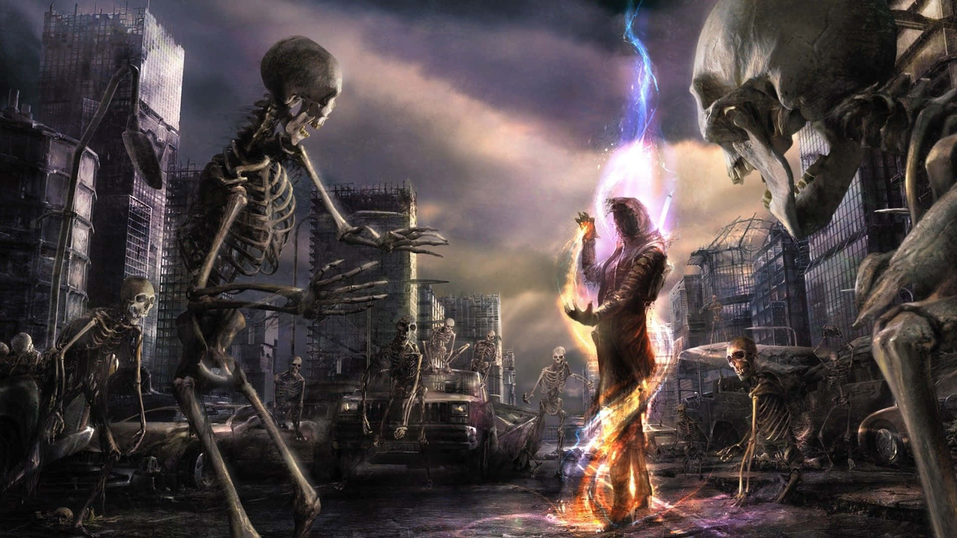 Wizardry 桌布 壁紙 — 一個孤獨的戰士引導火焰魔法，而高聳的骷髏巨人籠罩在廢墟般的未來城市景觀中。