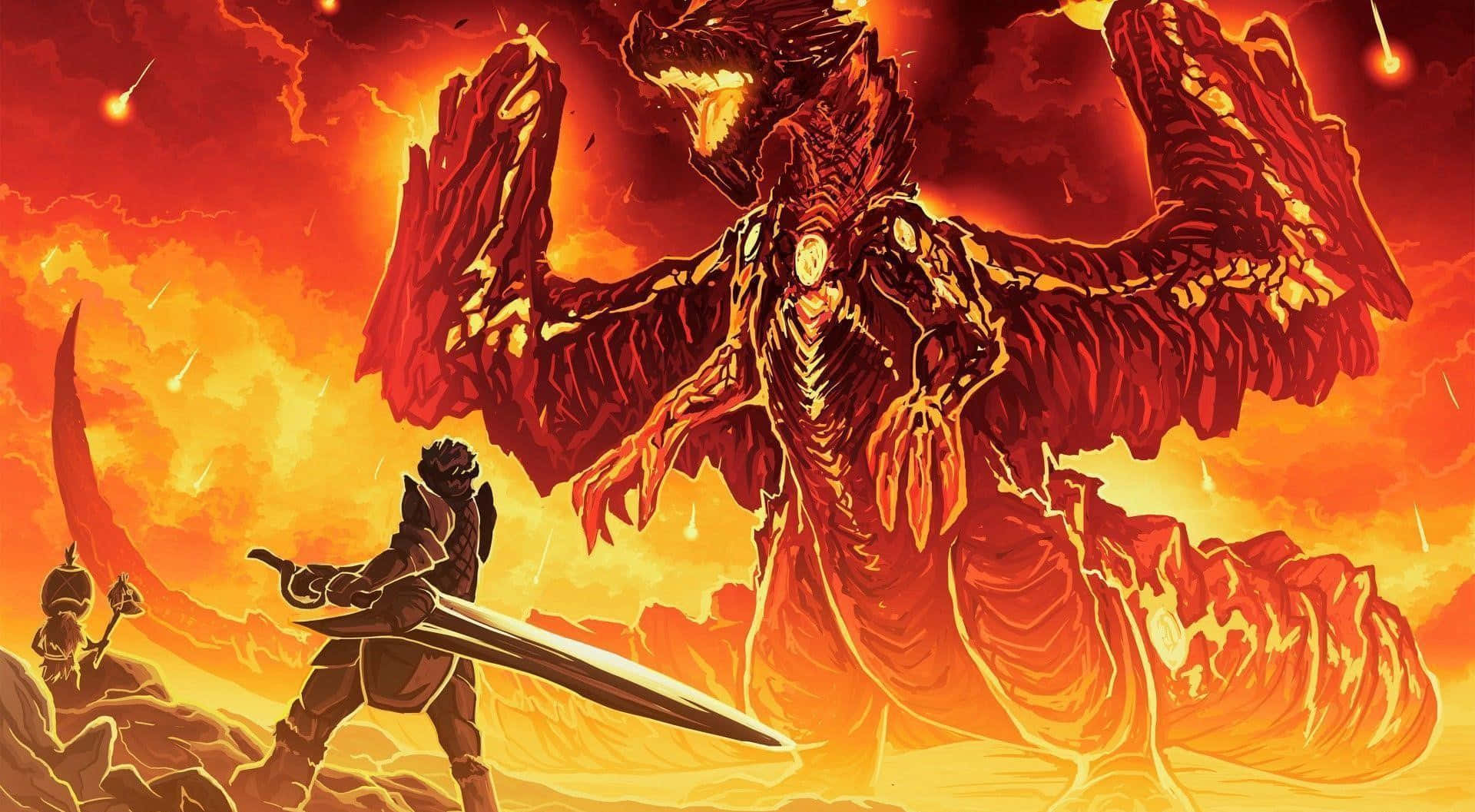 Monster Hunter Desktop 桌布 壁紙 — 一個孤獨的戰士手持劍，在熾熱的橙紅色天空中， defiantly 面對著一隻巨大的火焰龍。