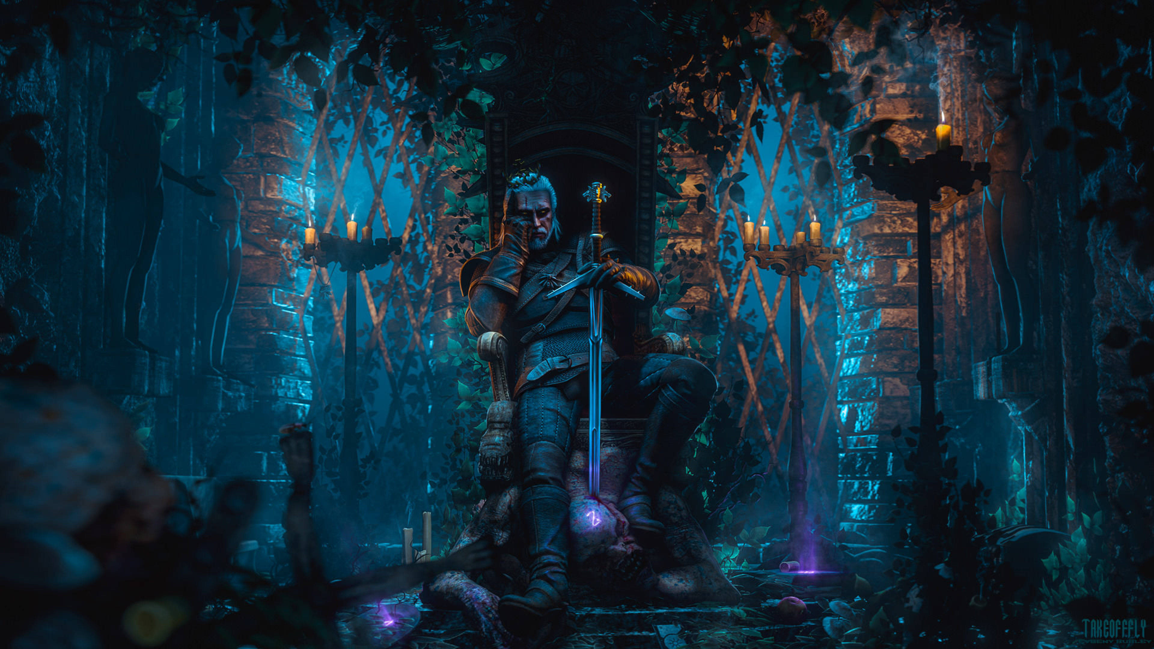 witcher 4K 桌布 壁紙 — 一個孤獨的戰士手持劍，坐在一個黑暗、藤蔓叢生的石室中的王座上，室內閃爍的燭光和發光的紫色符文照亮了周圍。