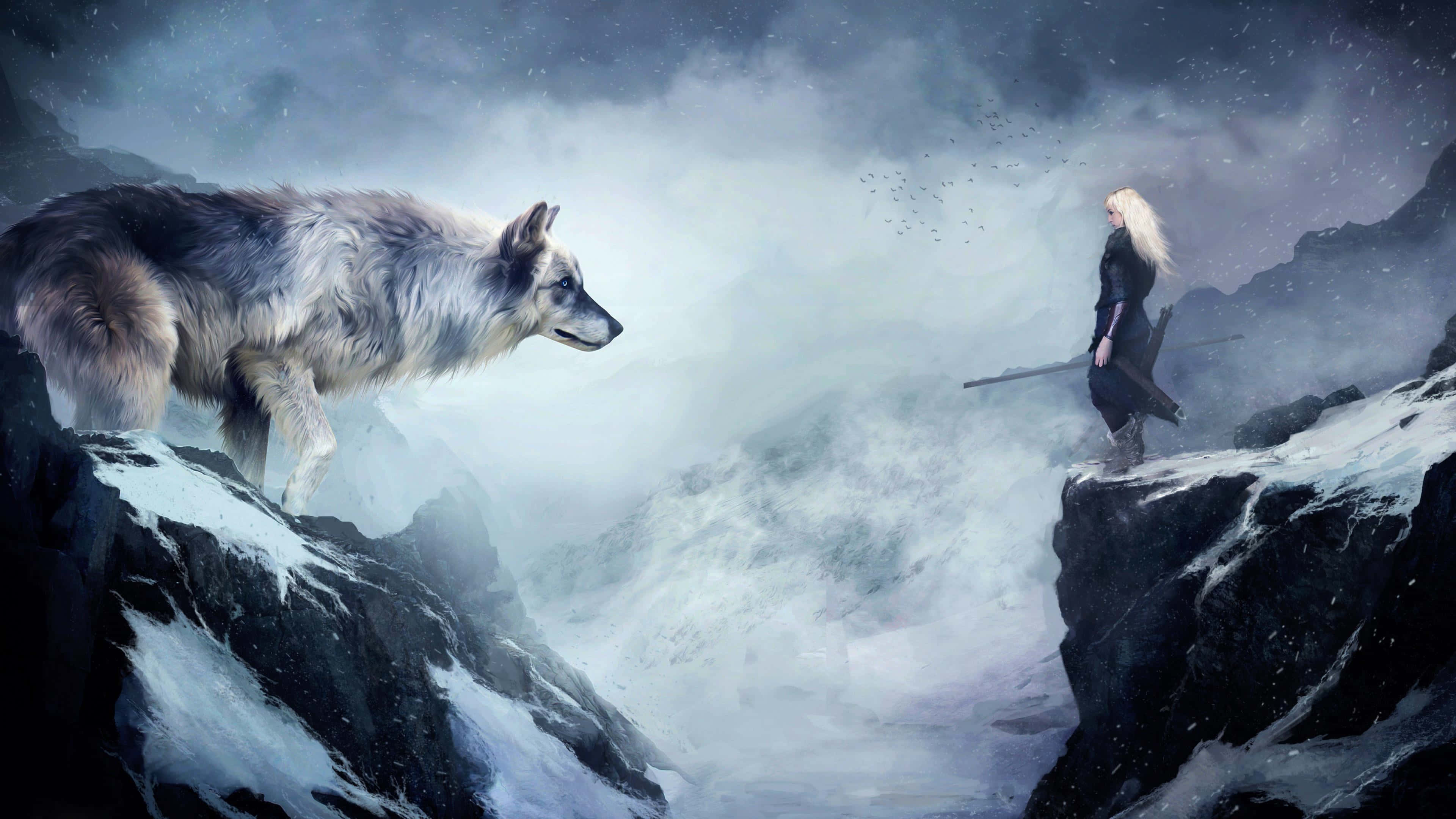 Dire Wolf 桌布 壁紙 — 一個孤獨的戰士手持劍，站在雪崖上，面對著暴風雪山口中的巨狼。