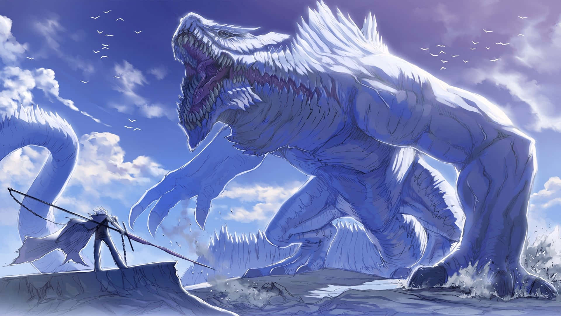 動漫戰鬥 桌布 壁紙 — 一個孤獨的戰士手持弓箭，在陰天雪景中挑釁地對抗一隻咆哮的巨大冰龍。