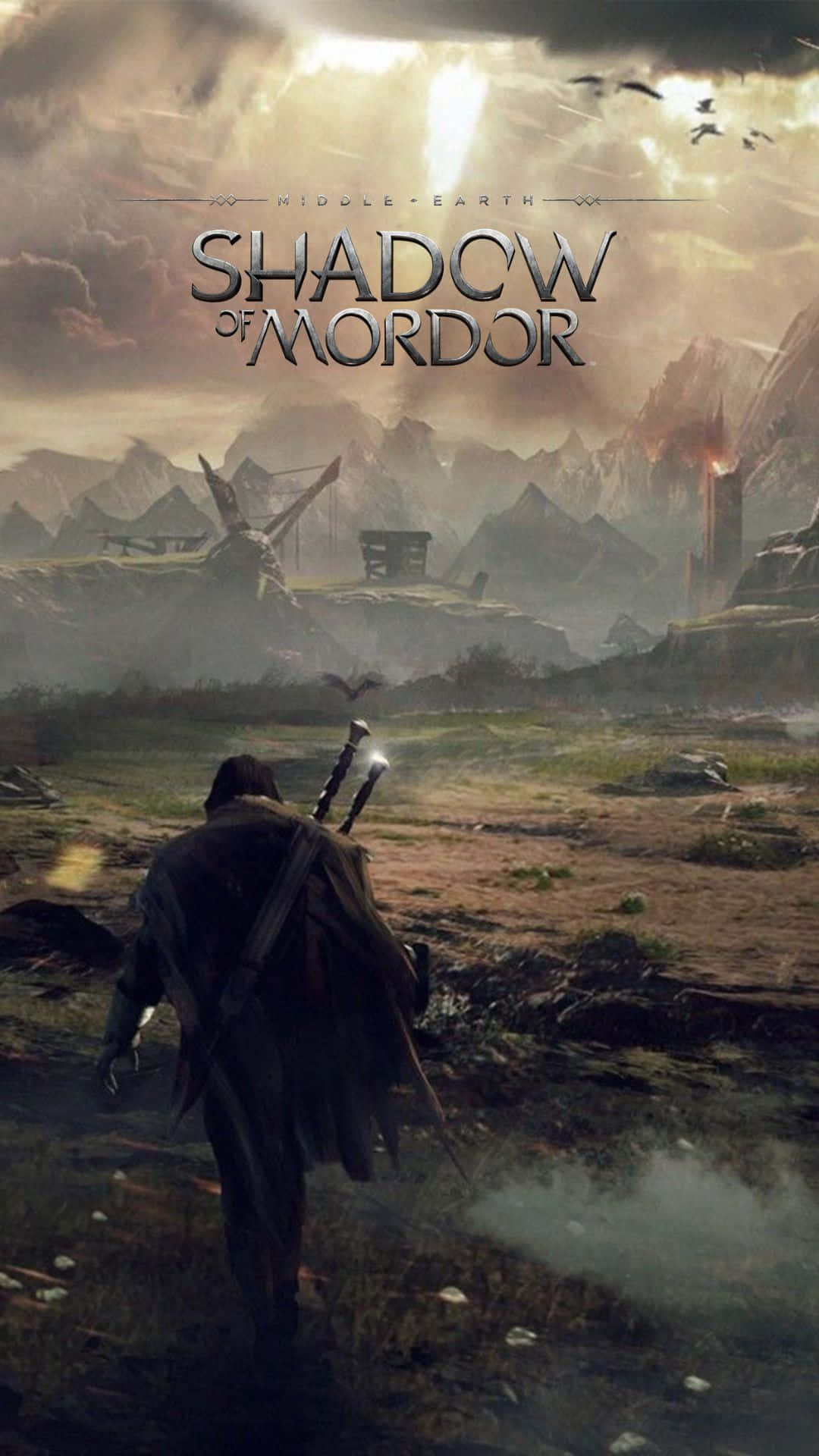 Android Shadow Of Mordor 桌布 壁紙 — 一個孤獨的戰士手持發光劍，在中土世界暴風雨的天空下走過荒涼的戰場。