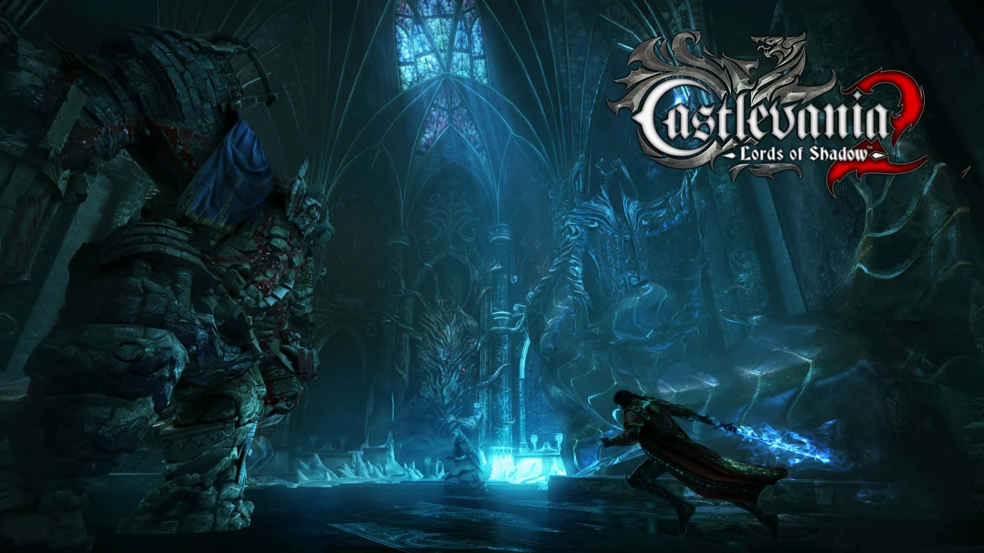 Castlevania 桌布 壁紙 — 一個孤獨的戰士手持發光的劍，站在一座充滿詭異藍光和怪獸雕像的宏偉哥德式大教堂前。