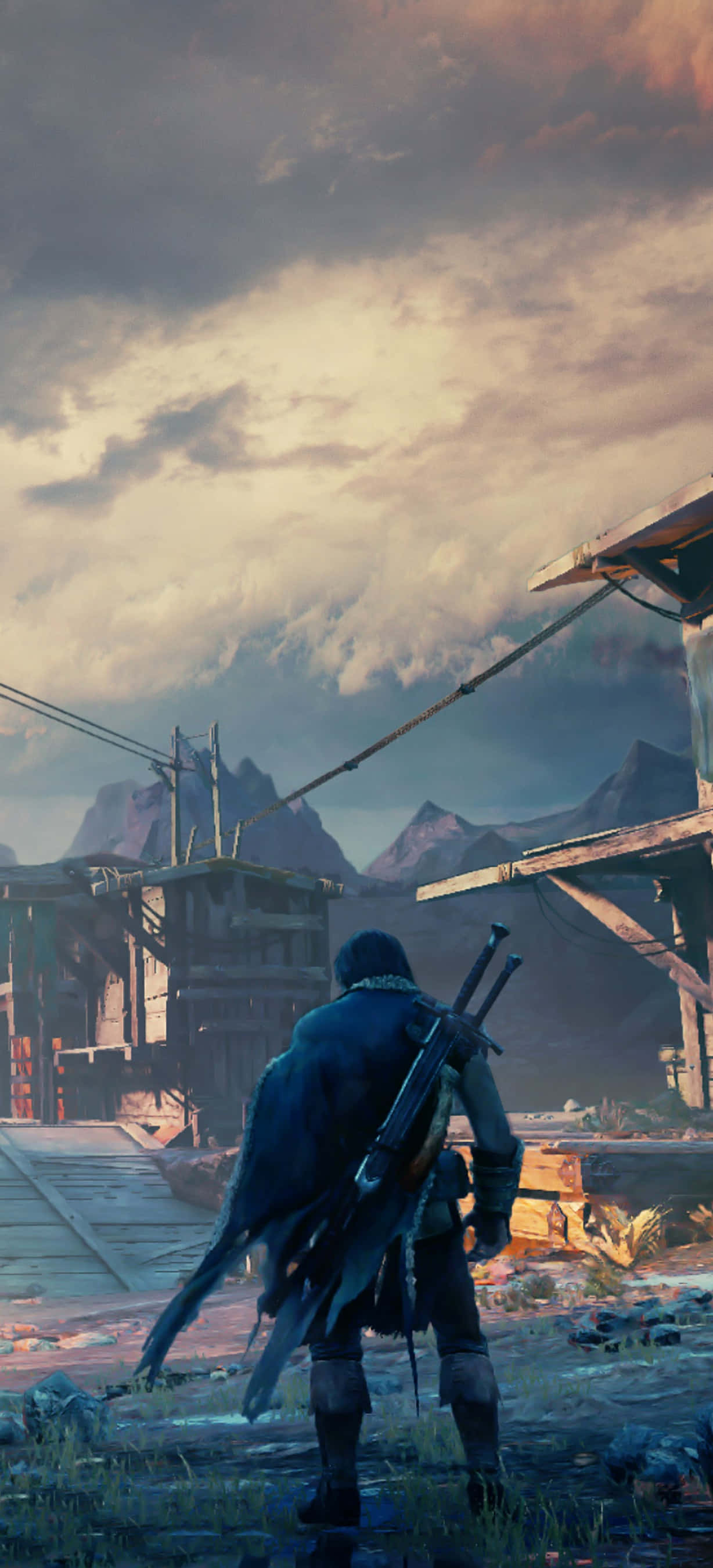 Shadow Of Mordor 桌布 壁紙 — 一個孤獨的戰士手持雙劍，站在一個荒涼、積雪覆蓋的村莊，俯瞰著陰沉暮色天空下崎嶇的山脈。