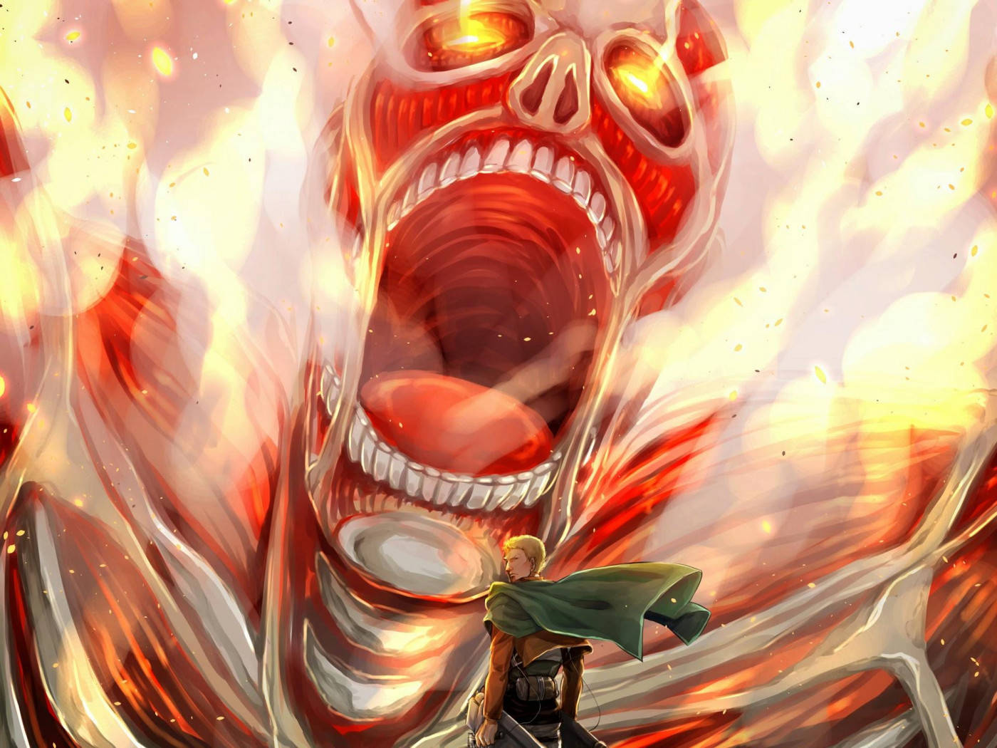 Reiner 桌布 壁紙 — 一個孤獨的戰士披著綠色斗篷，挑釁地站在一個巨大的紅色泰坦面前，泰坦咆哮著，眼睛發光，能量如火。