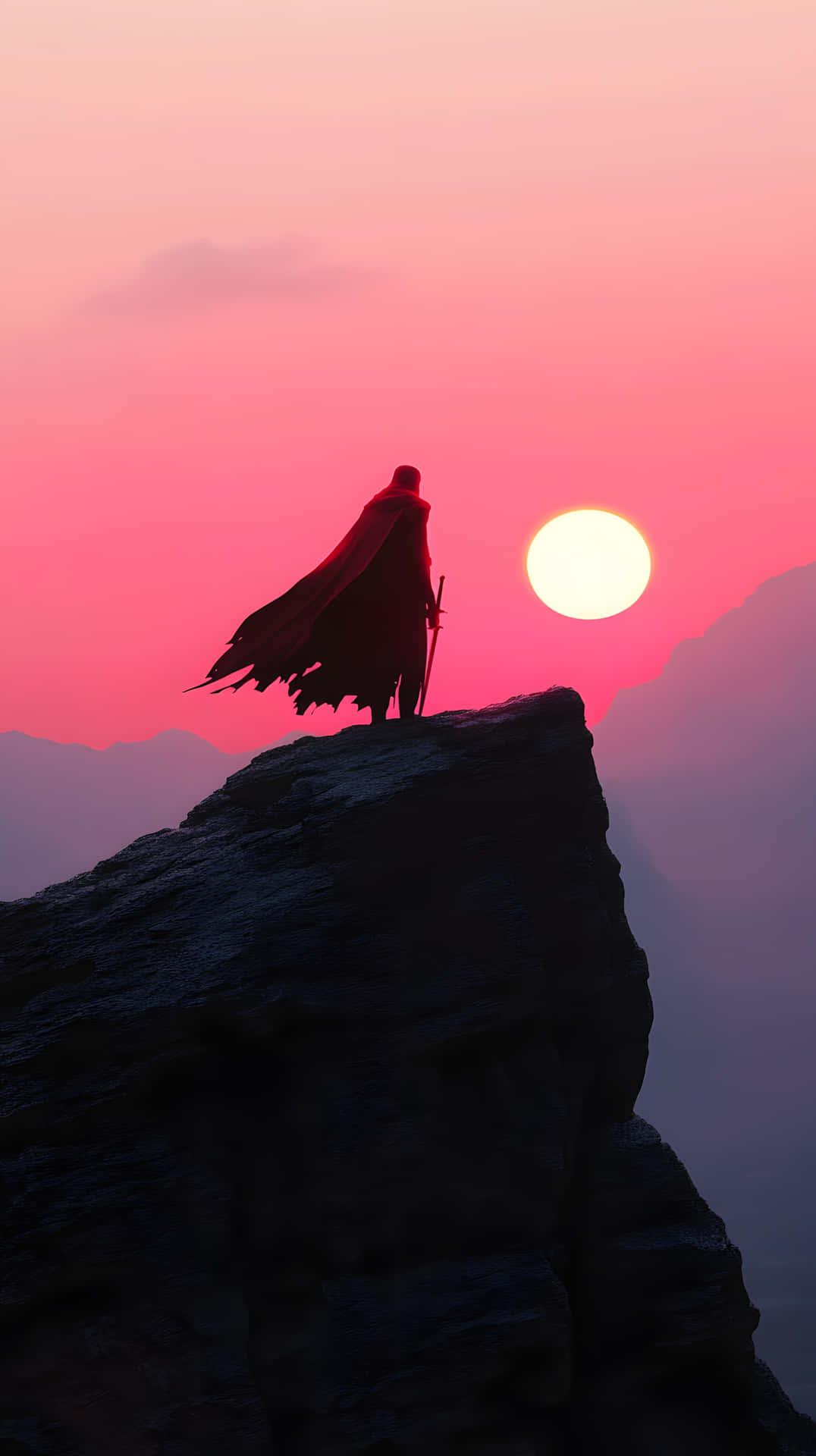 Samurai standing on cliff sunset dramatic 壁紙 — 一個孤獨的戰士披著飄逸的紅色斗篷，站在日落時分崎嶇的懸崖頂上，在明亮的粉紅色和橙色天空以及明亮的太陽映襯下形成剪影。