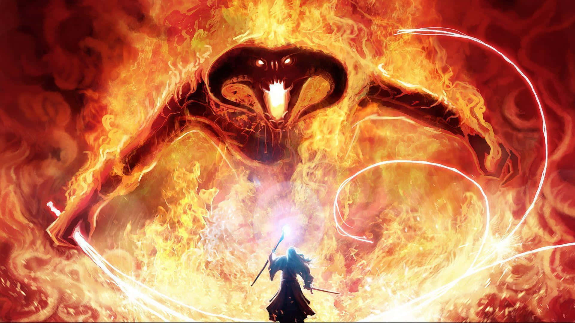 魔戒 桌布 壁紙 — 一個孤獨的戰士挑釁地站在一個巨大的火焰惡魔面前，惡魔雙眼發光，雙臂伸展。