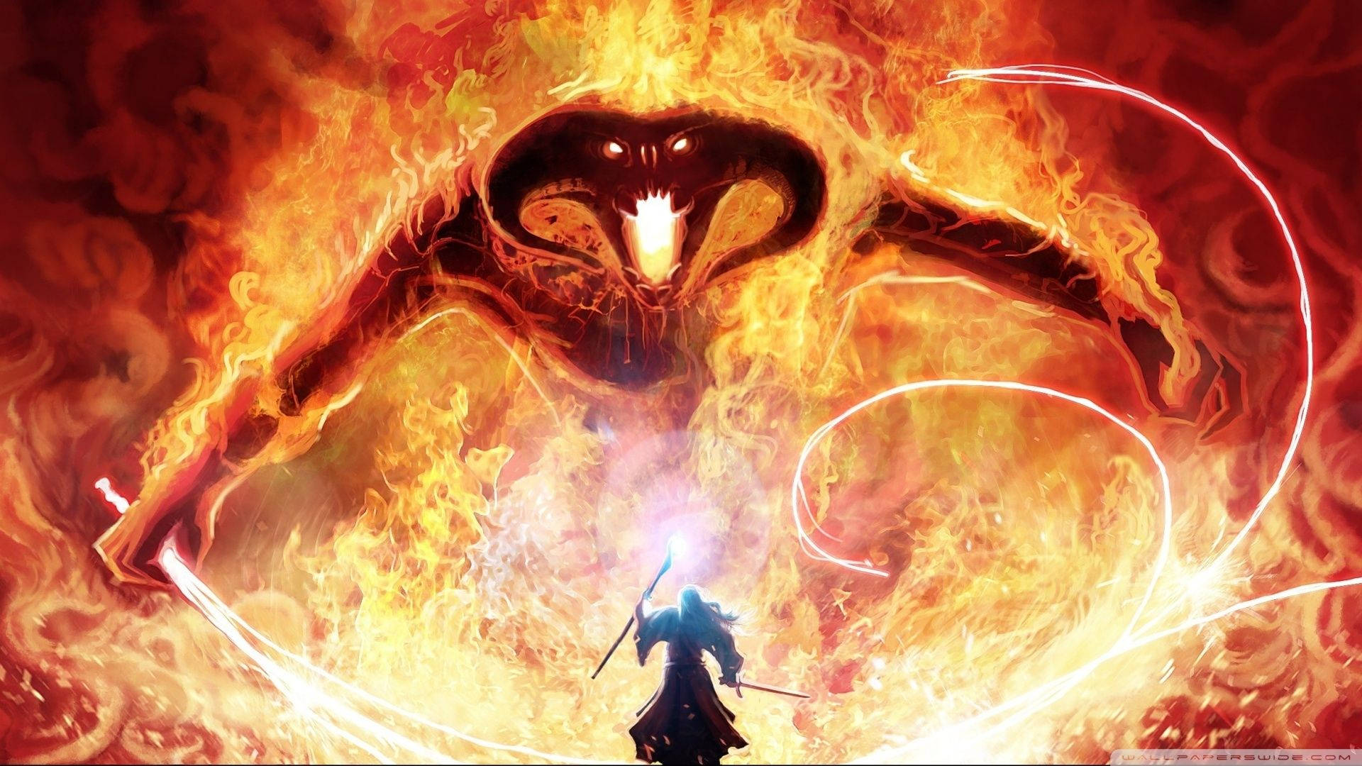 Lotr 桌布 壁紙 — 一個孤獨的戰士挑釁地站在一個巨大的火焰惡魔面前，惡魔有著發光的眼睛和伸出的爪子。