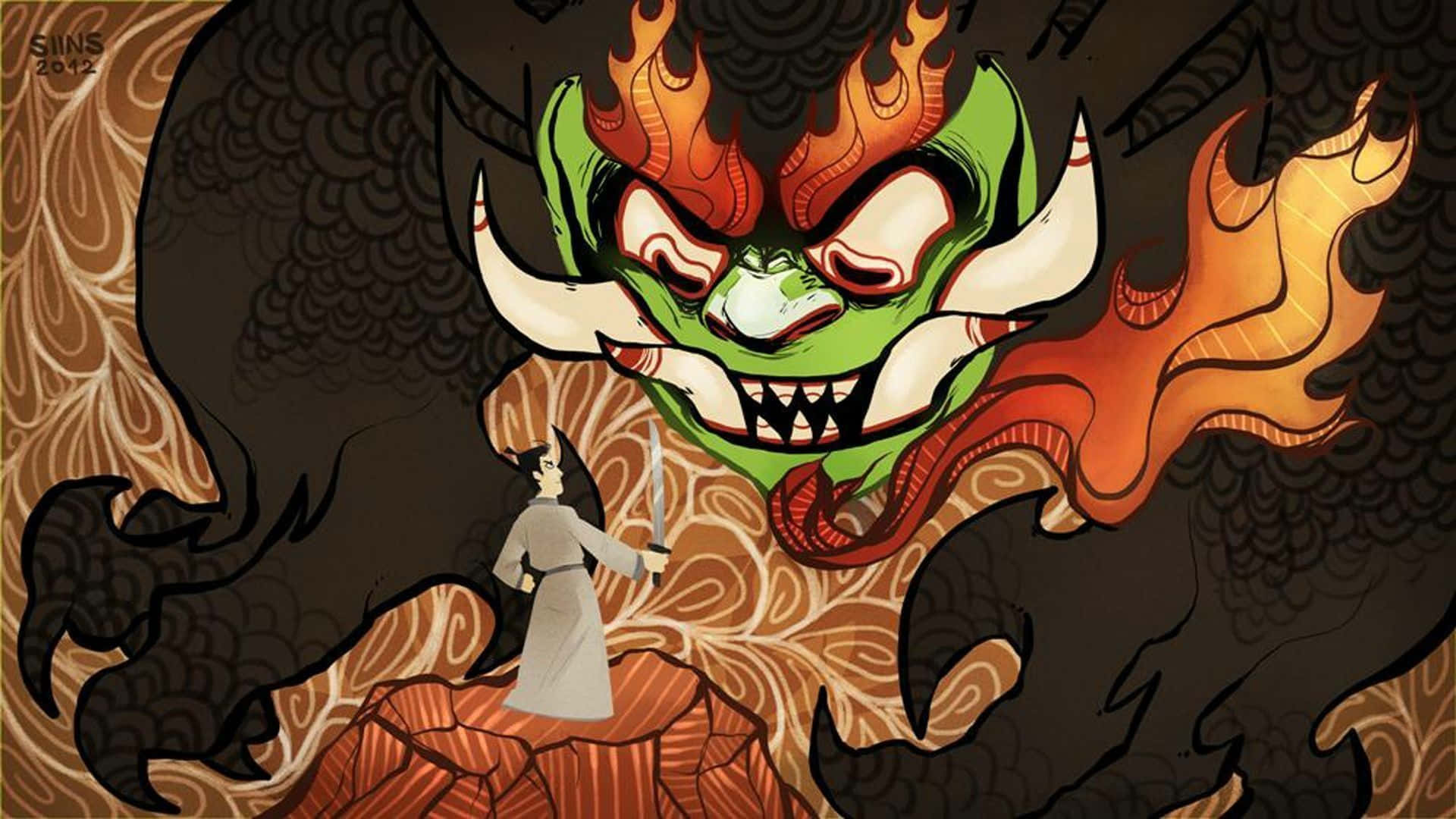 samurai jack 桌布 壁紙 — 一個孤獨的戰士挑釁地站在一個高聳的綠色惡魔面前，惡魔有著火焰般的角和威脅的笑容。