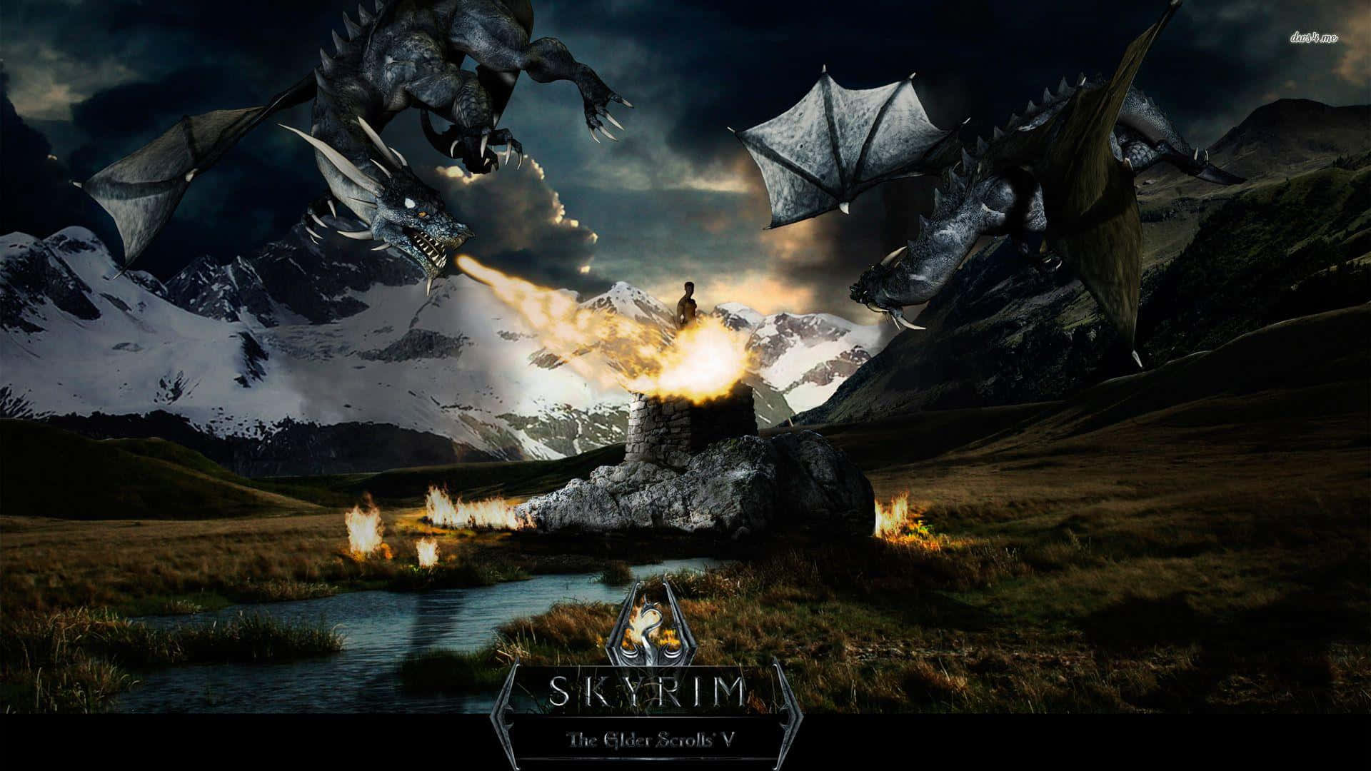 The Elder Scrolls V Skyrim 桌布 壁紙 — 一個孤獨的戰士挑釁地站在岩石露頭上，而兩條巨大的龍在暴風雨的山脈背景下噴出火焰般的氣息。