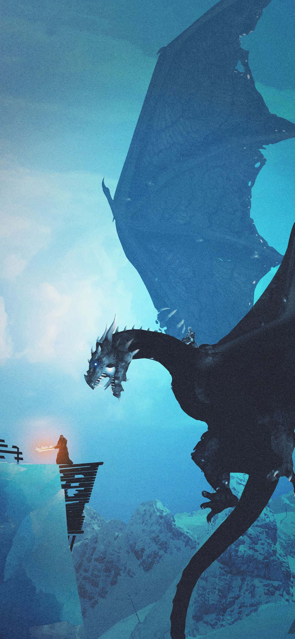 Game Of Thrones iPhone 桌布 壁紙 — 一個孤獨的戰士挑釁地站在懸崖邊，面對著一隻在暮色天空中翱翔的巨大黑暗龍。