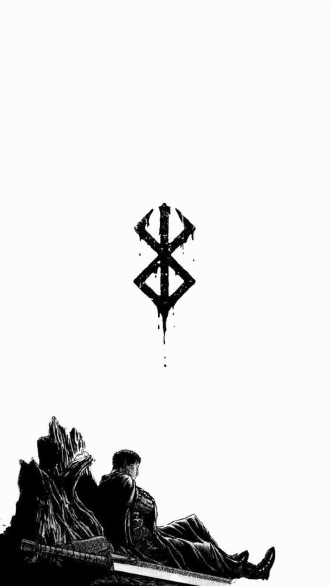 Berserk rest 壁紙 — 一個孤獨的戰士癱坐在崎嶇的岩石上，腳邊放著一把劍，下方是一個在純白背景上滴落的黑色符號。
