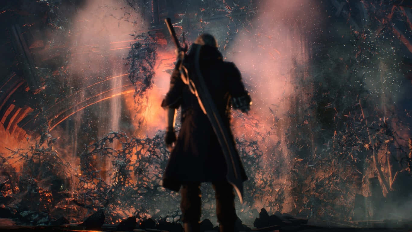 1366x768 Far Cry 5 桌布 壁紙 — 一個孤獨的戰士穿著深色外套，背對著熾熱的橙色爆炸和煙霧，站在廢墟戰場上。