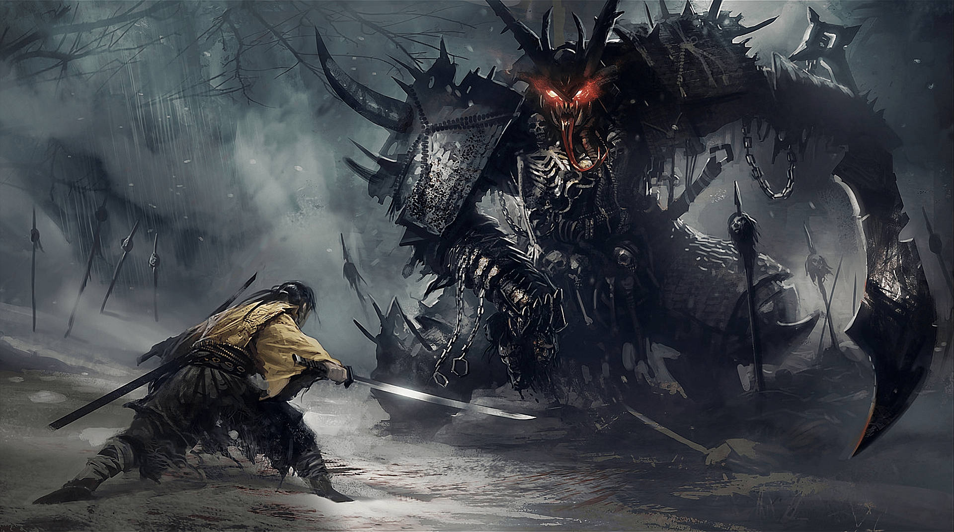 武士動畫 桌布 壁紙 — 一個孤獨的戰士穿著破爛長袍，在風暴中的骷髏森林裡，砍向一隻擁有發光紅眼的巨大惡魔野獸。