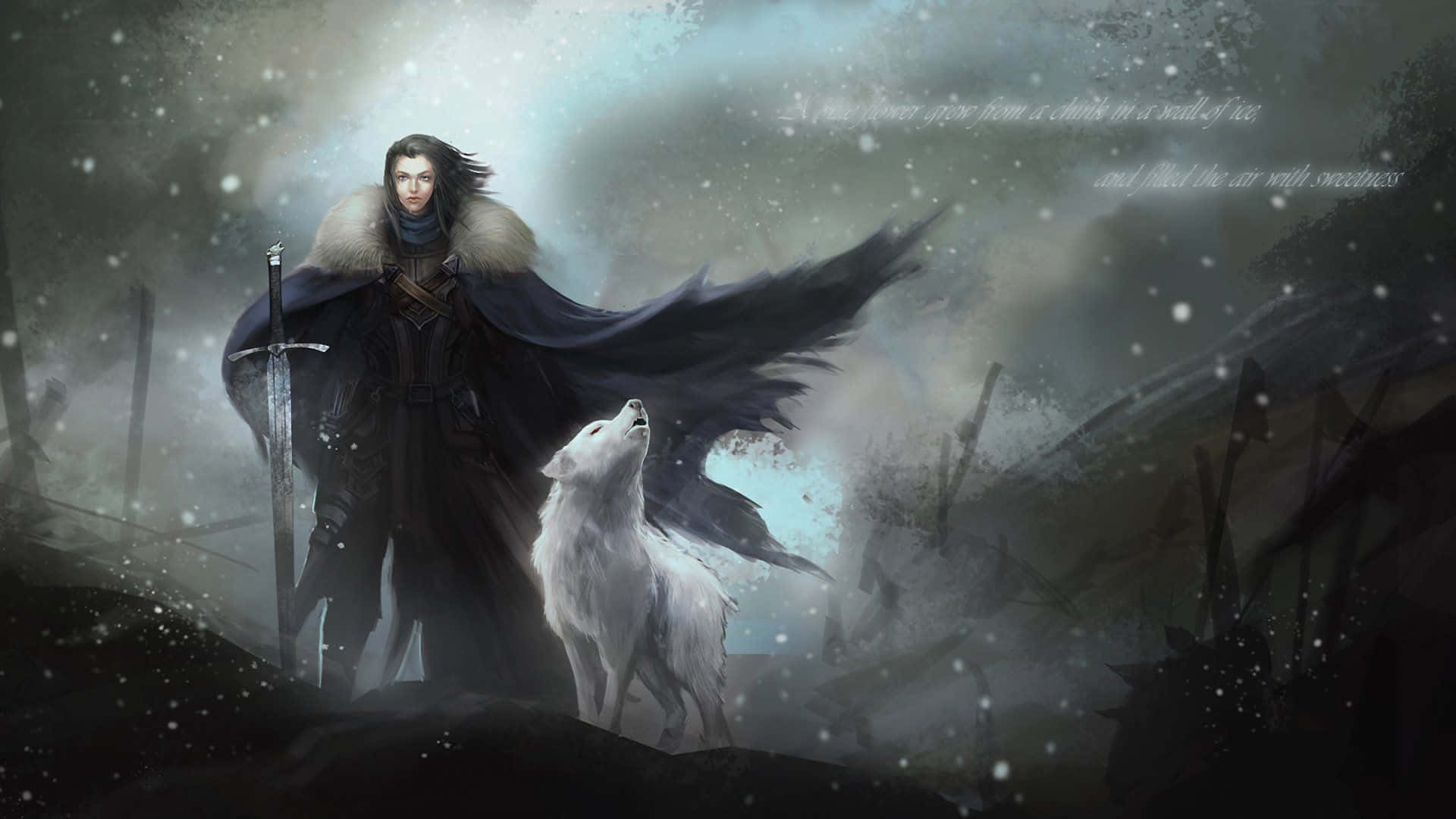 Game Art 桌布 壁紙 — 一個孤獨的戰士穿著黑色斗篷，與一隻白狼在風雪交加、佈滿斷矛的背景中嚎叫。