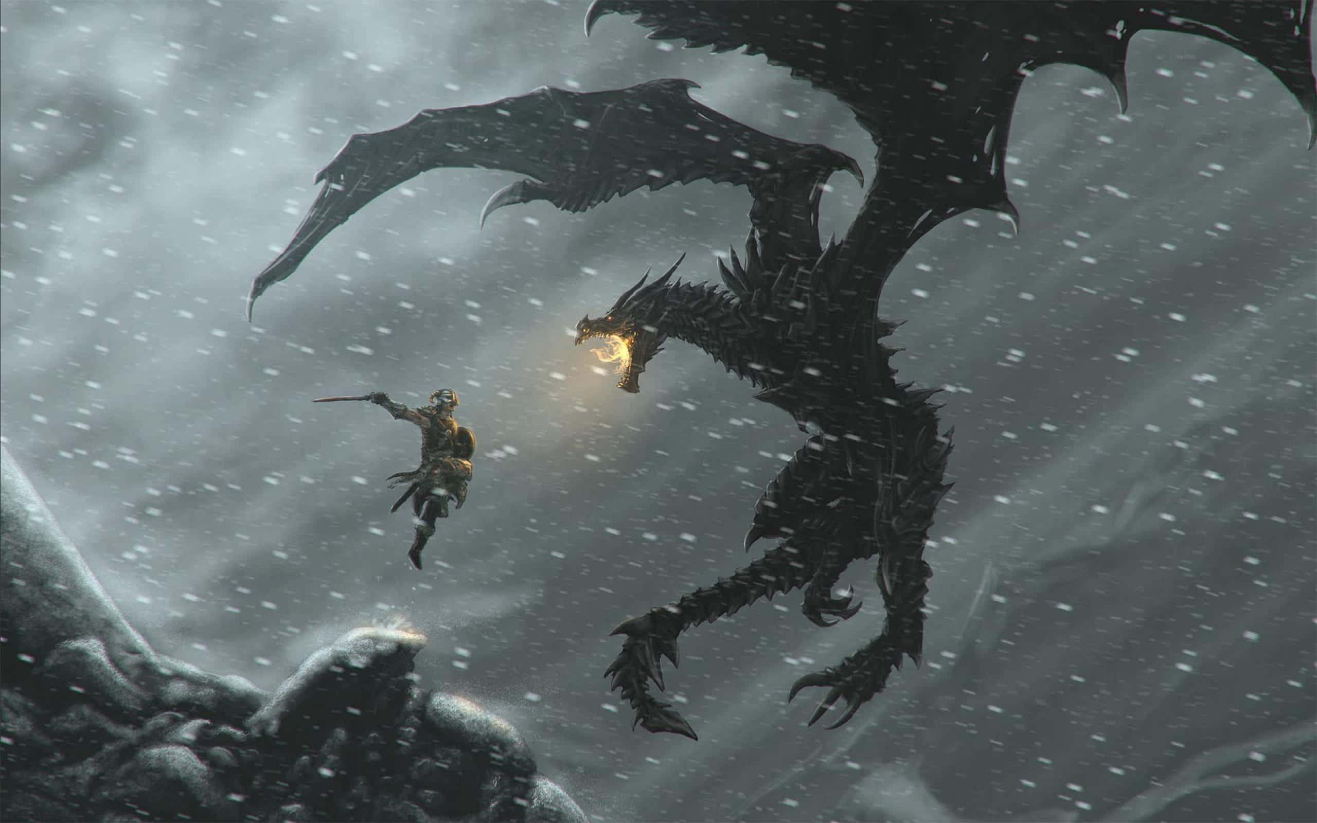 電玩遊戲 桌布 壁紙 — 一個孤獨的戰士穿過暴風雪，躍向一隻對著暴風雨天空噴火的巨大黑龍。