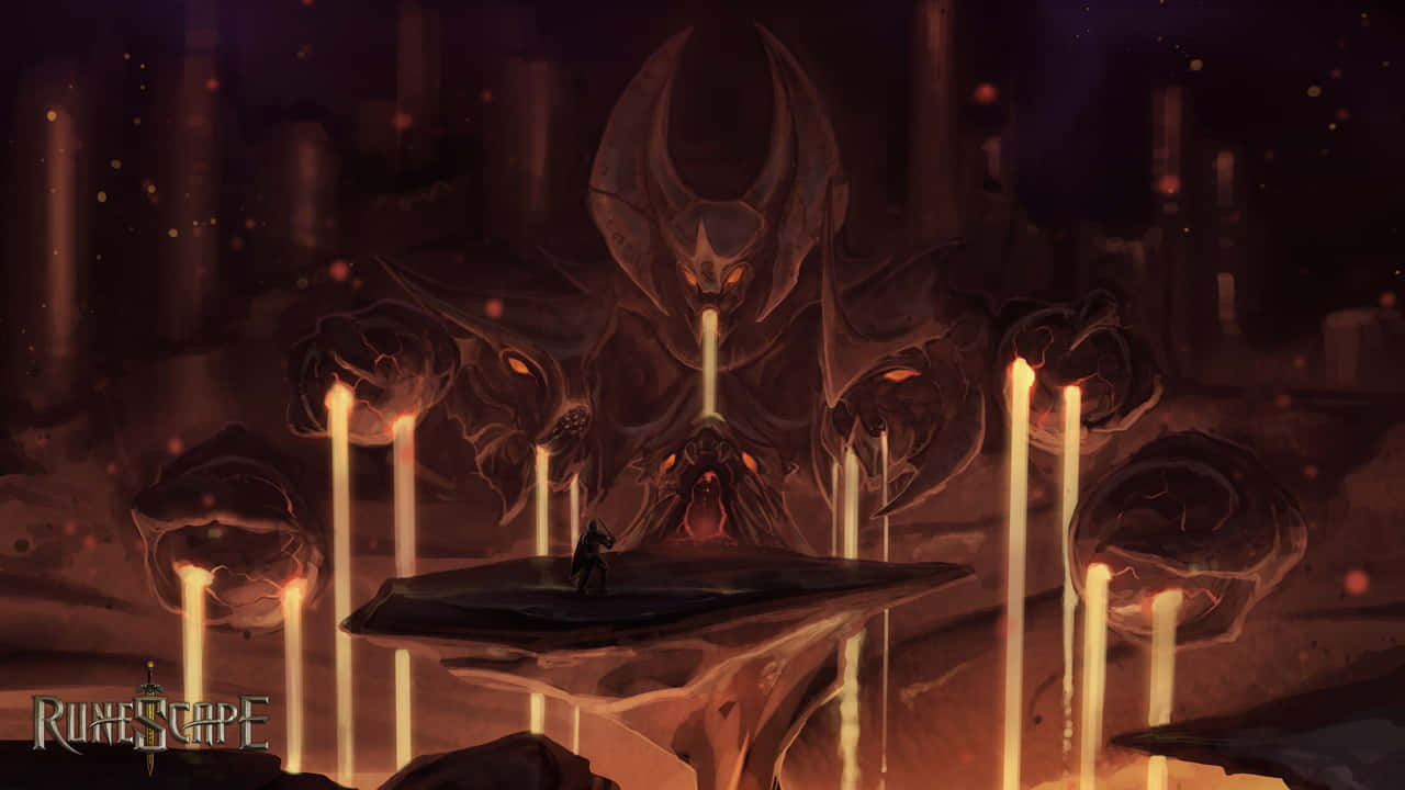 電玩遊戲 桌布 壁紙 — 一個孤獨的戰士站在一個巨大的惡魔實體面前，在一個由發光蠟燭照亮的黑暗洞穴中。