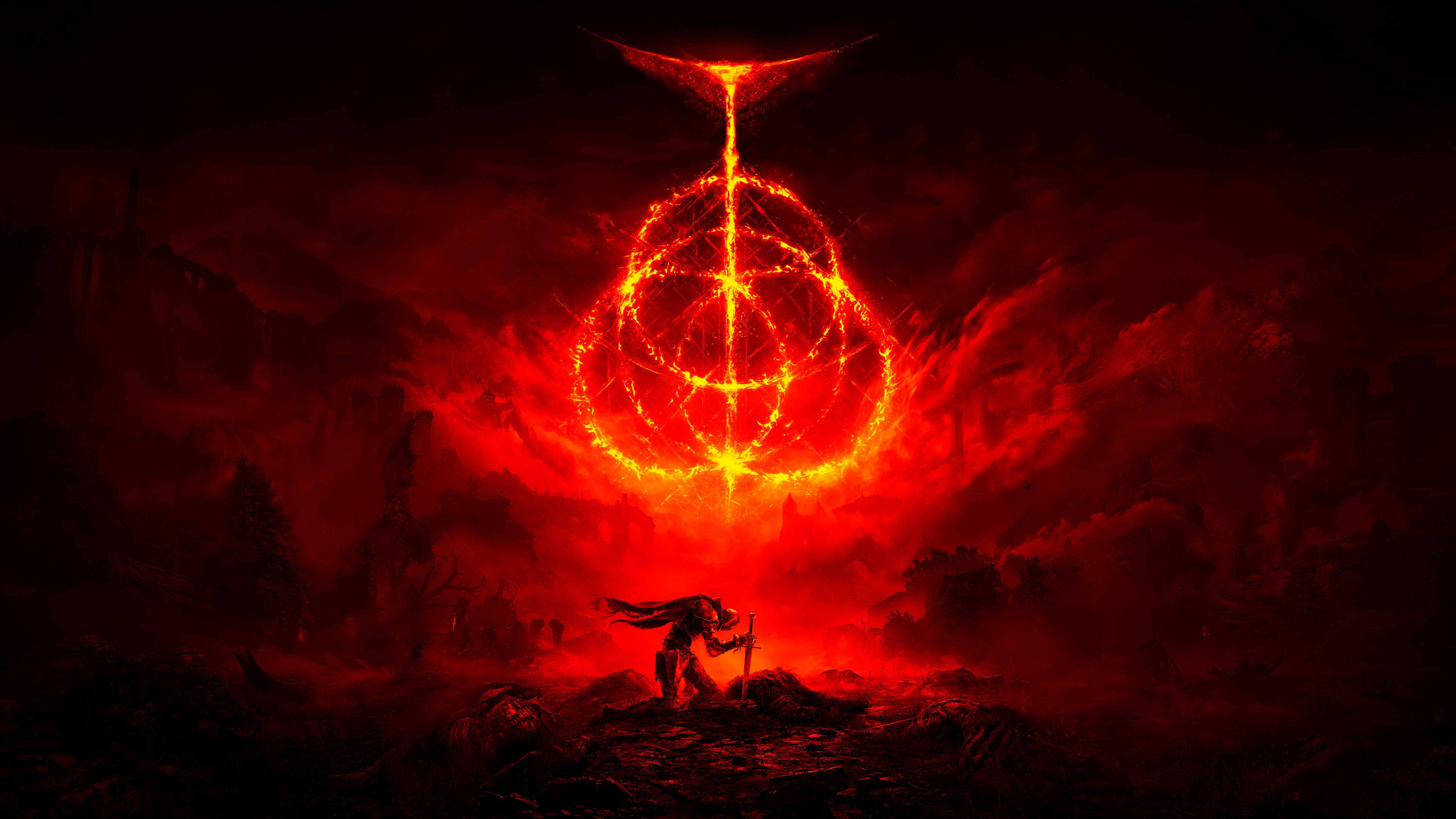 Ring 桌布 壁紙 — 一個孤獨的戰士站在一個巨大的發光紅色惡魔符號前，背景是火熱的地獄景觀。