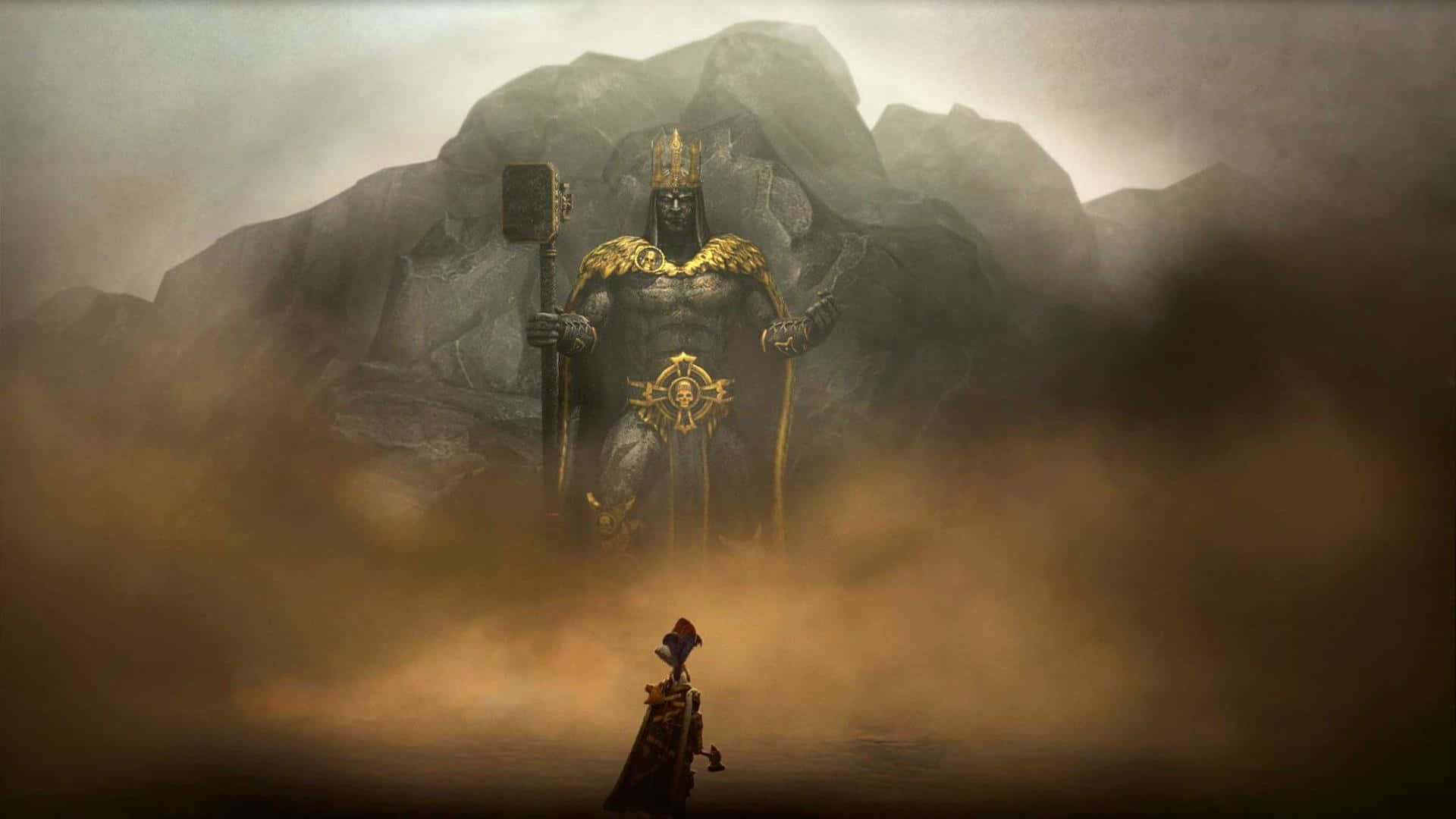 HD Dawn Of War Iii 桌布 壁紙 — 一個孤獨的戰士站在一個從迷霧山脈中出現、身穿金色盔甲和頭戴王冠的龐大黑暗之神面前。