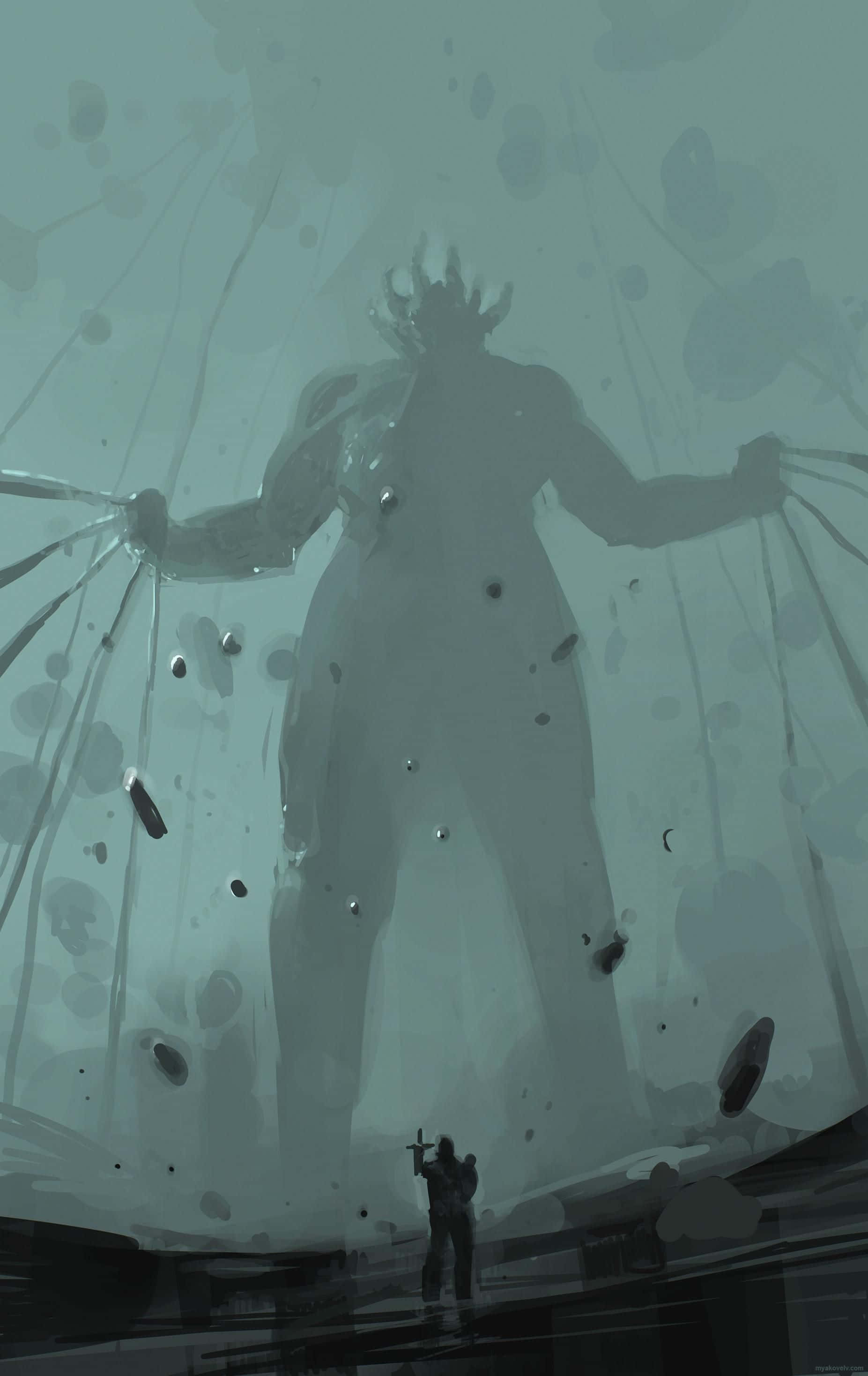 Death Stranding Mobile 桌布 壁紙 — 一個孤獨的戰士站在一個有角和雙臂伸展的巨大陰影人物面前，身處迷霧般的青綠色虛空。