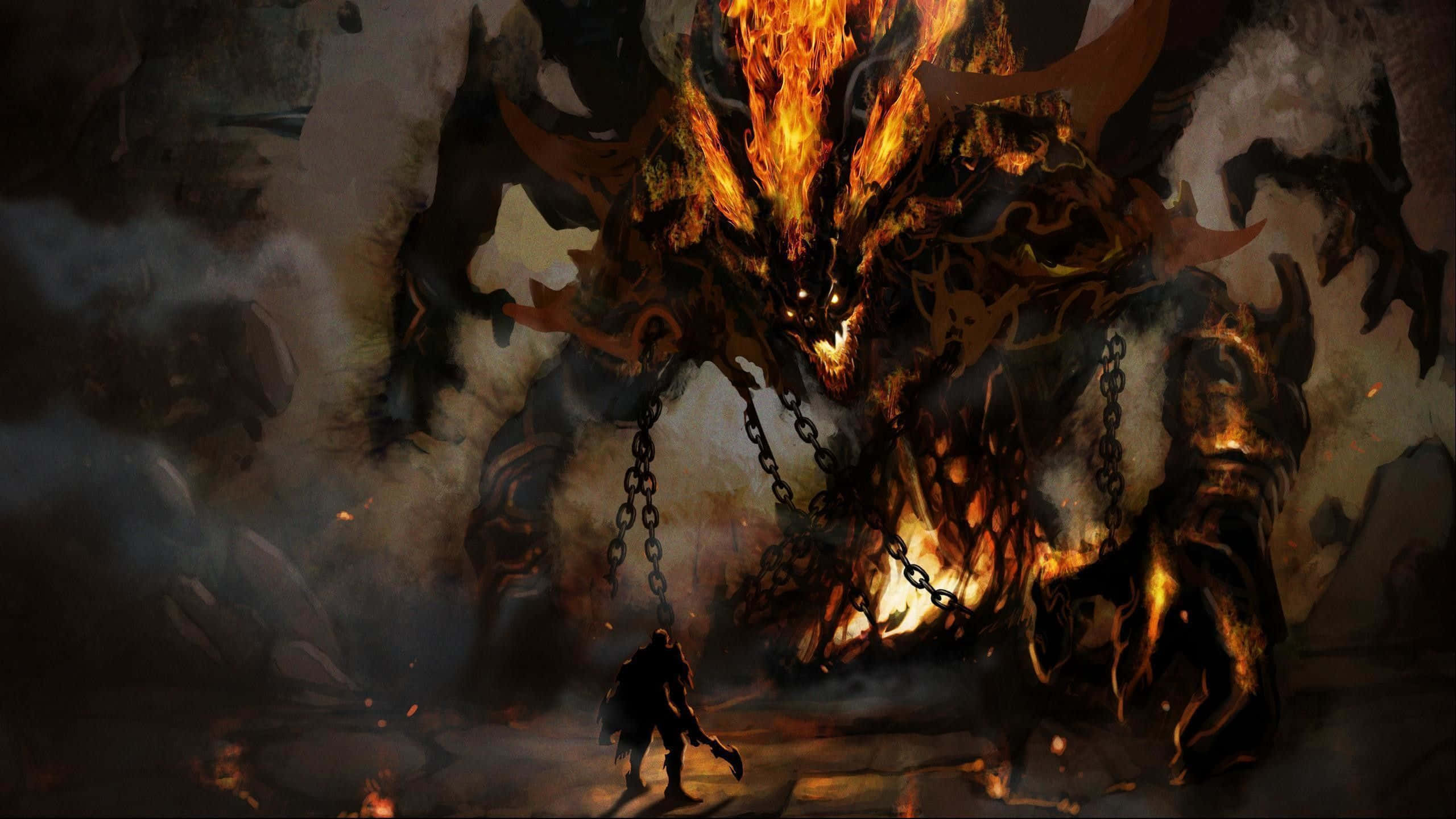 Norse Mythology 桌布 壁紙 — 一個孤獨的戰士站在一個被鎖鏈鎖在煙霧瀰漫的洞穴巢穴中的巨大火焰惡魔面前。