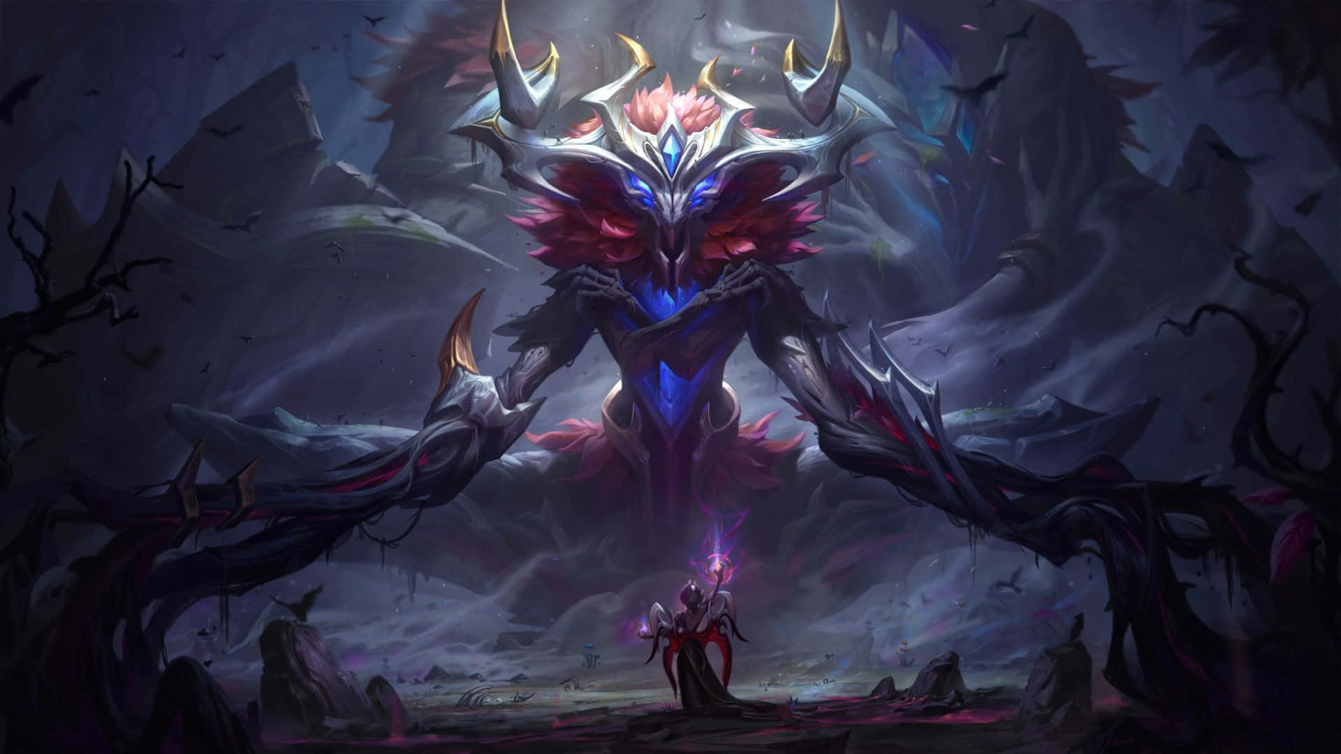 1920x1080 League Of Legends 桌布 壁紙 — 一個孤獨的戰士站在一個高聳、兇惡的惡魔實體面前，它擁有發光的藍色眼睛和鋸齒狀的角，身處黑暗、風暴肆虐的荒原。