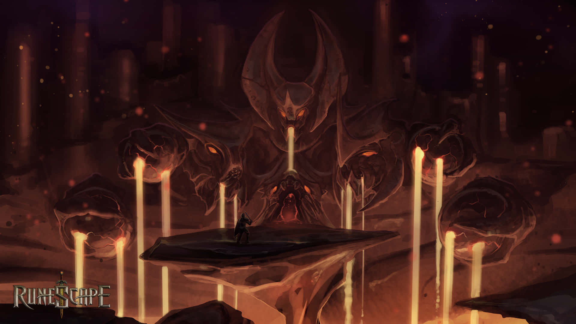 電玩遊戲 桌布 壁紙 — 一個孤獨的戰士站在一個黑暗洞穴中，面對一個巨大的惡魔實體，洞穴由發光的蠟燭照亮。