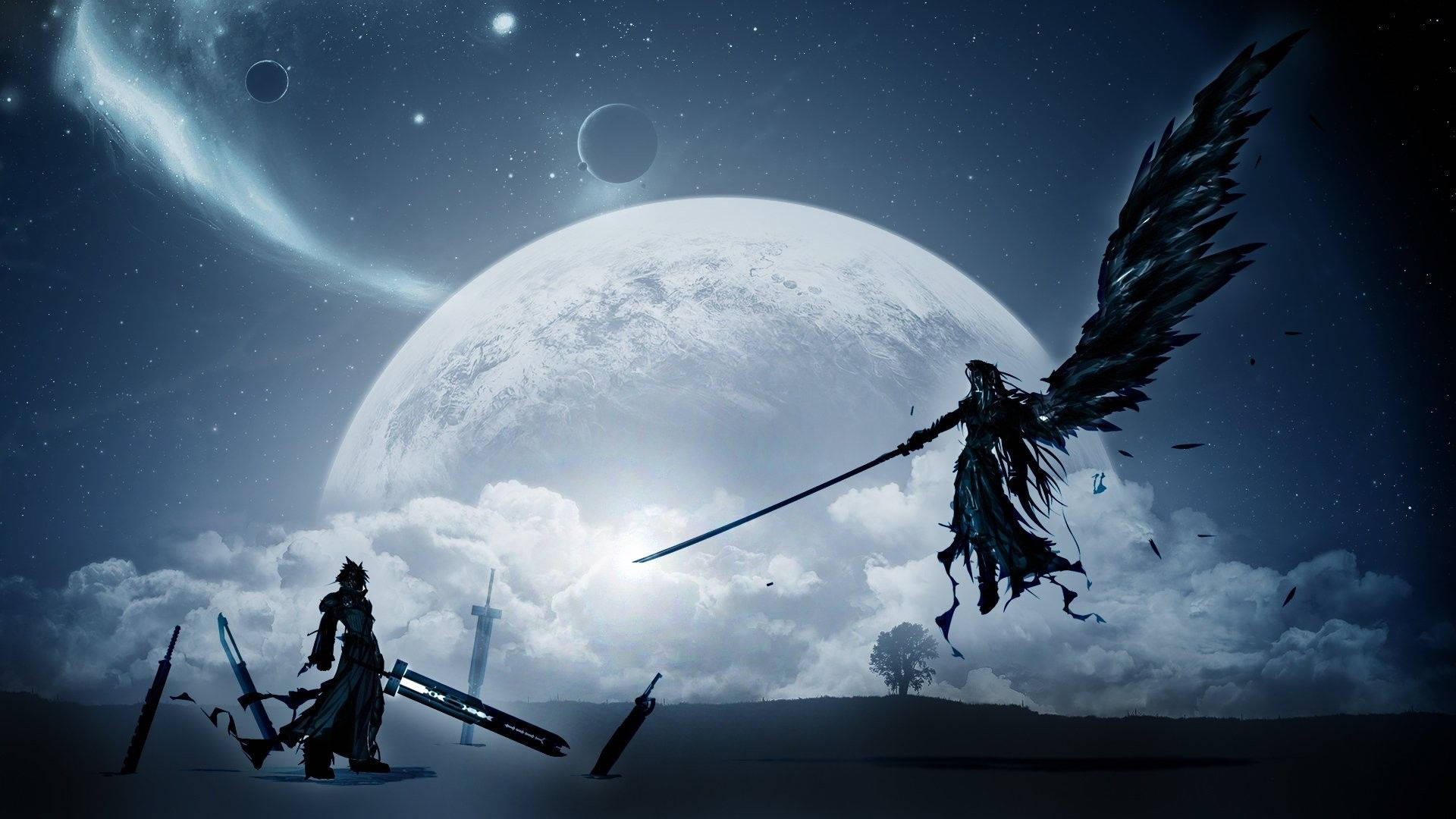 Sephiroth 桌布 壁紙 — 一個孤獨的戰士站在一場天界戰鬥前，面對一個有翼的黑暗身影，下方是巨大的月亮和雙子月亮，背景是星空。