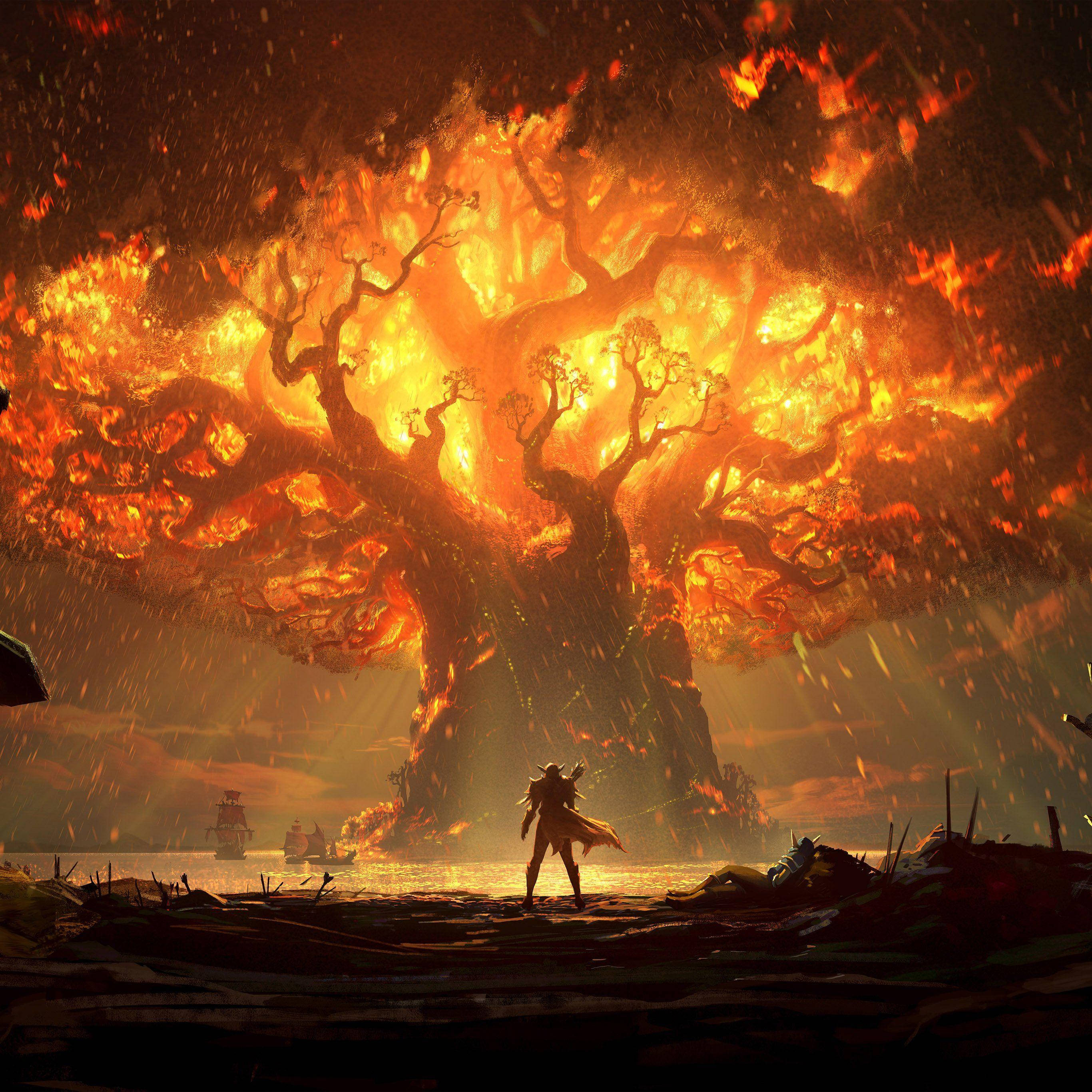 Fire Anime 桌布 壁紙 — 一個孤獨的戰士站在一棵巨大的燃燒樹前，樹木將火焰般的光芒投射在暴風雨的海面上，遠處有船隻。