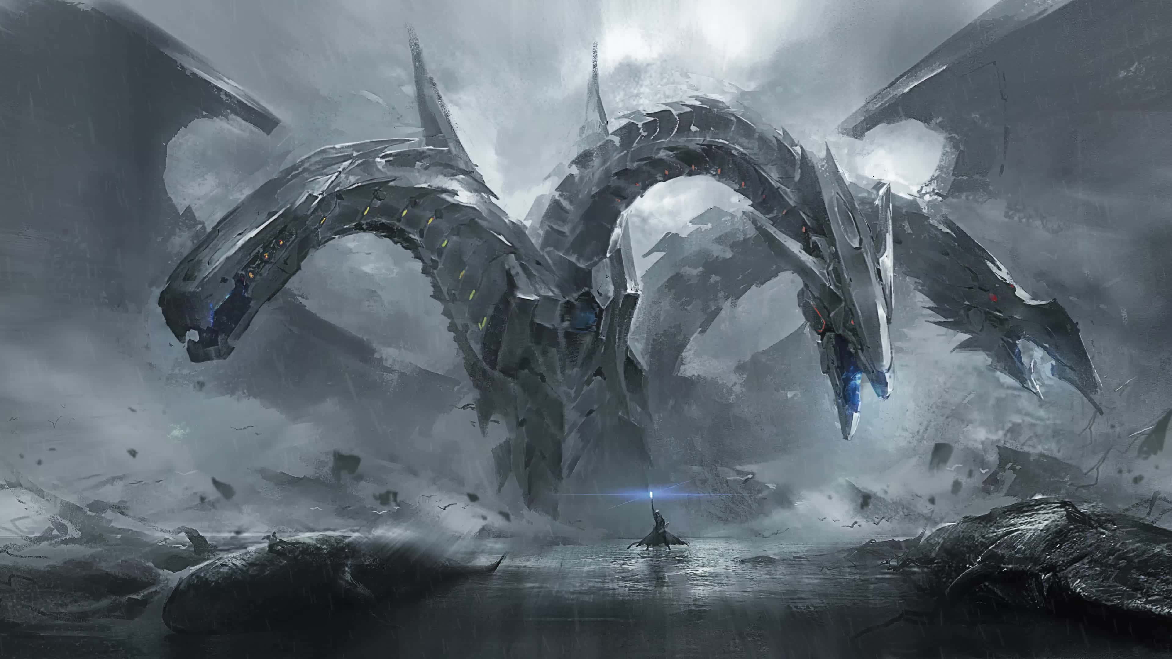 Yugioh Dragons 桌布 壁紙 — 一個孤獨的戰士站在一隻巨大的三頭金屬龍面前，背景是風雨交加、破碎的景觀。
