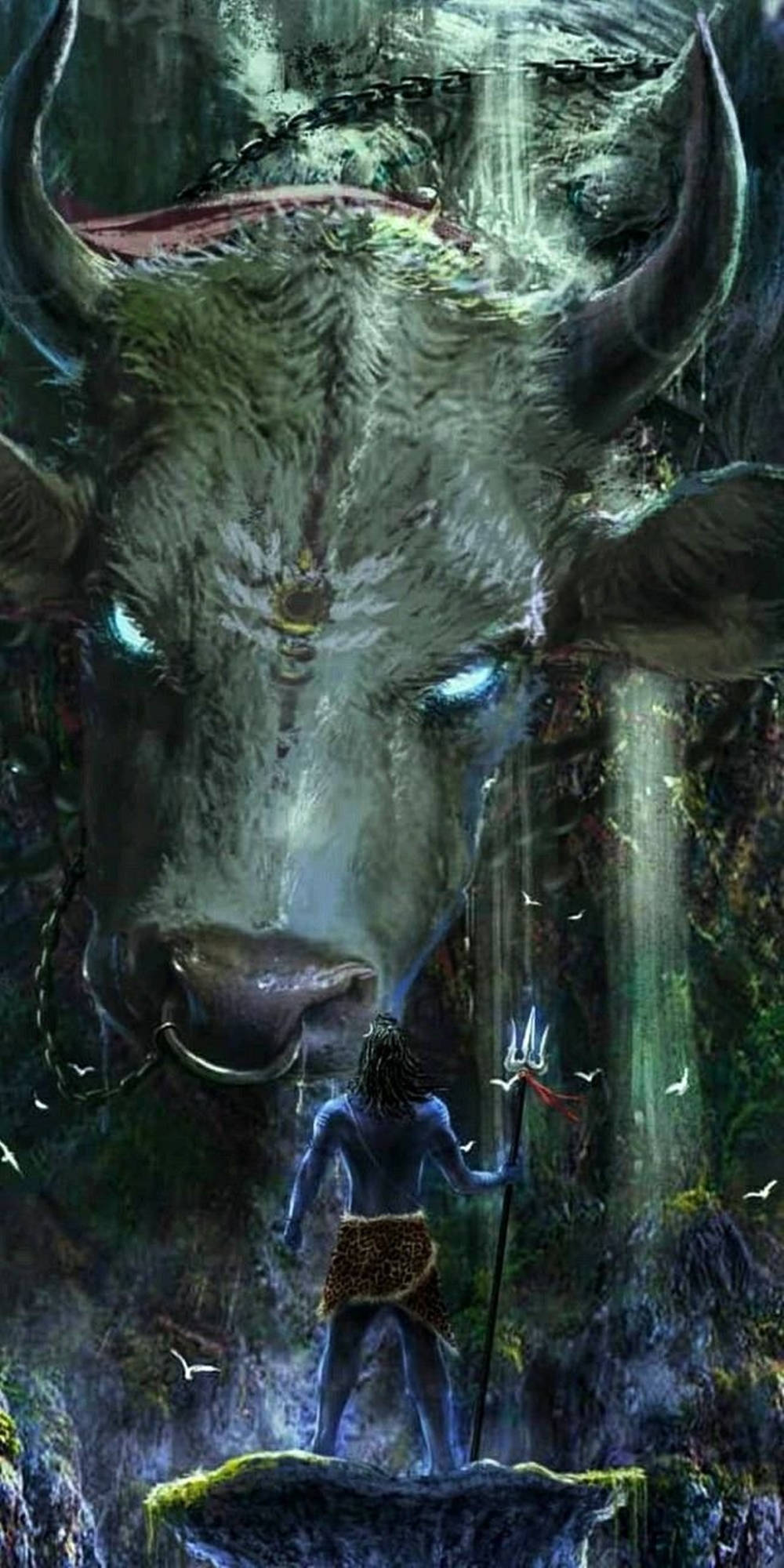 動物 桌布 壁紙 — 一個孤獨的戰士站在一頭被鎖鏈束縛、眼睛發出藍光的巨大公牛面前，身處迷霧森林中。