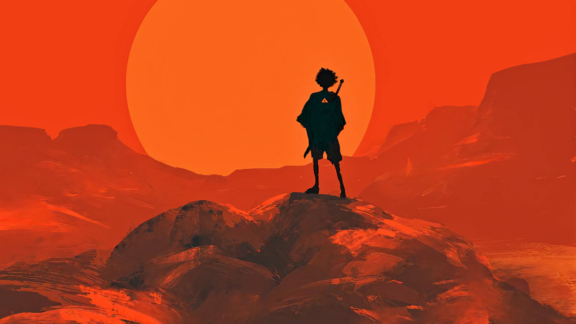 Anime Samurai 桌布 壁紙 — 一個孤獨的戰士站在岩石山峰上，在荒涼的峽谷中以巨大的橙色太陽為背景形成剪影。