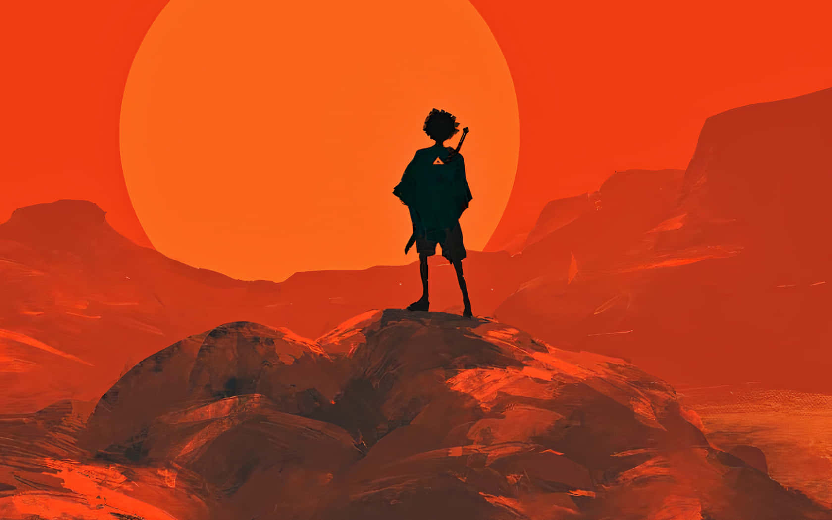 Samurai Anime 桌布 壁紙 — 一個孤獨的戰士站在岩石山峰上，在荒涼的紅色景觀中，以巨大的橙色太陽為背景形成剪影。