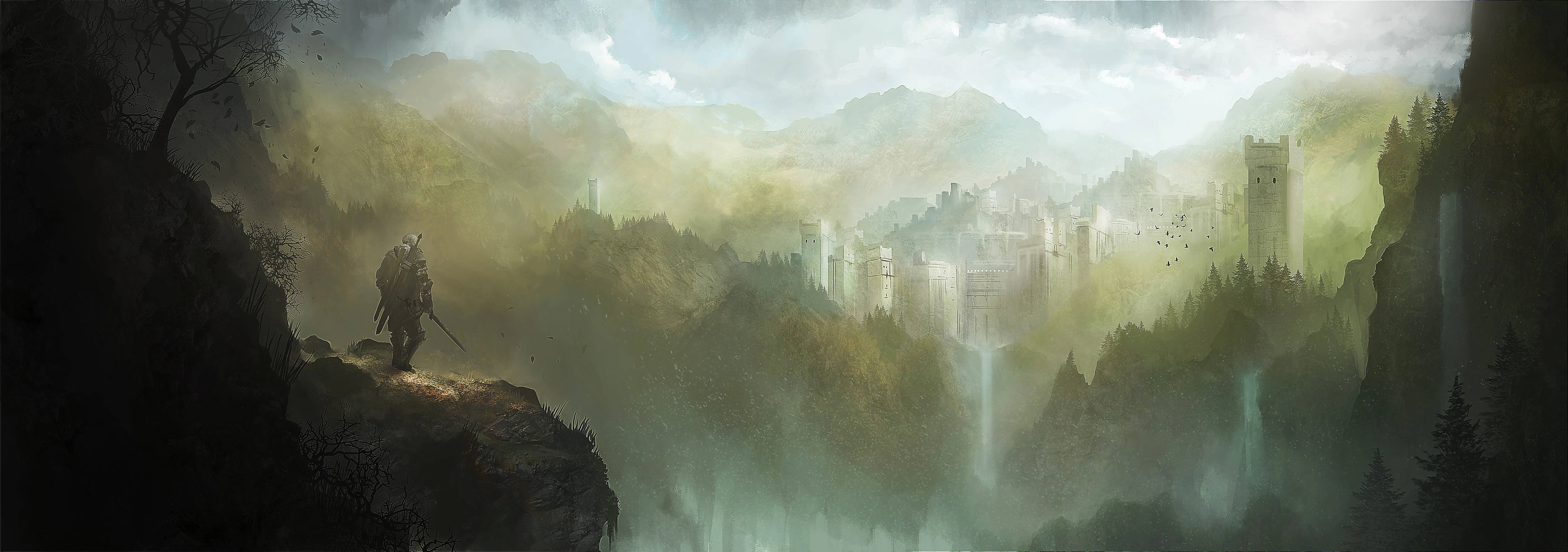 witcher 4K 桌布 壁紙 — 一個孤獨的戰士站在懸崖上，俯瞰著霧氣瀰漫的山谷，遠處有城堡坐落在群山之中。