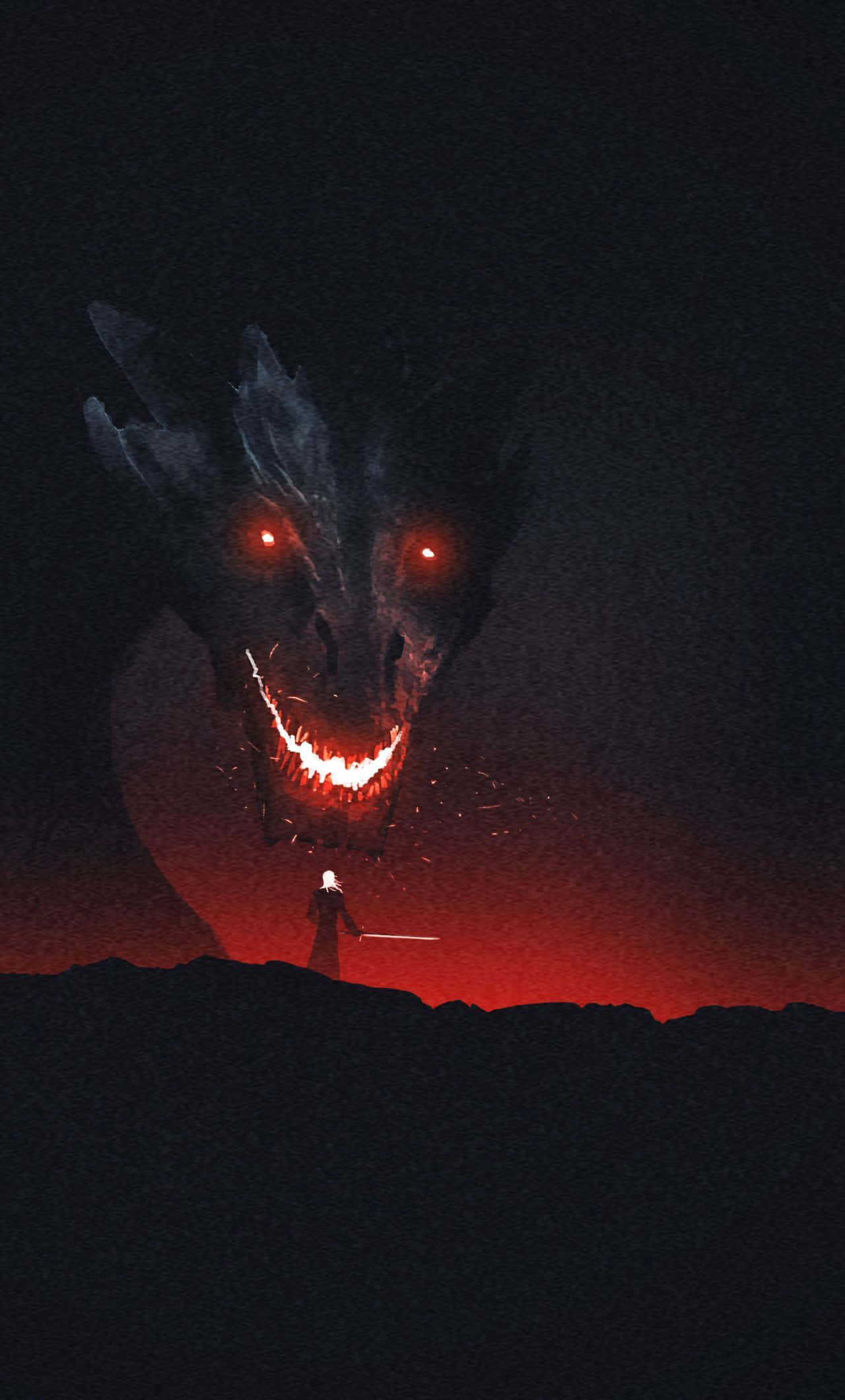 Game Of Thrones iPhone 桌布 壁紙 — 一個孤獨的戰士站在懸崖上，挑釁地面對一條擁有發光紅眼和露出牙齒的巨龍。