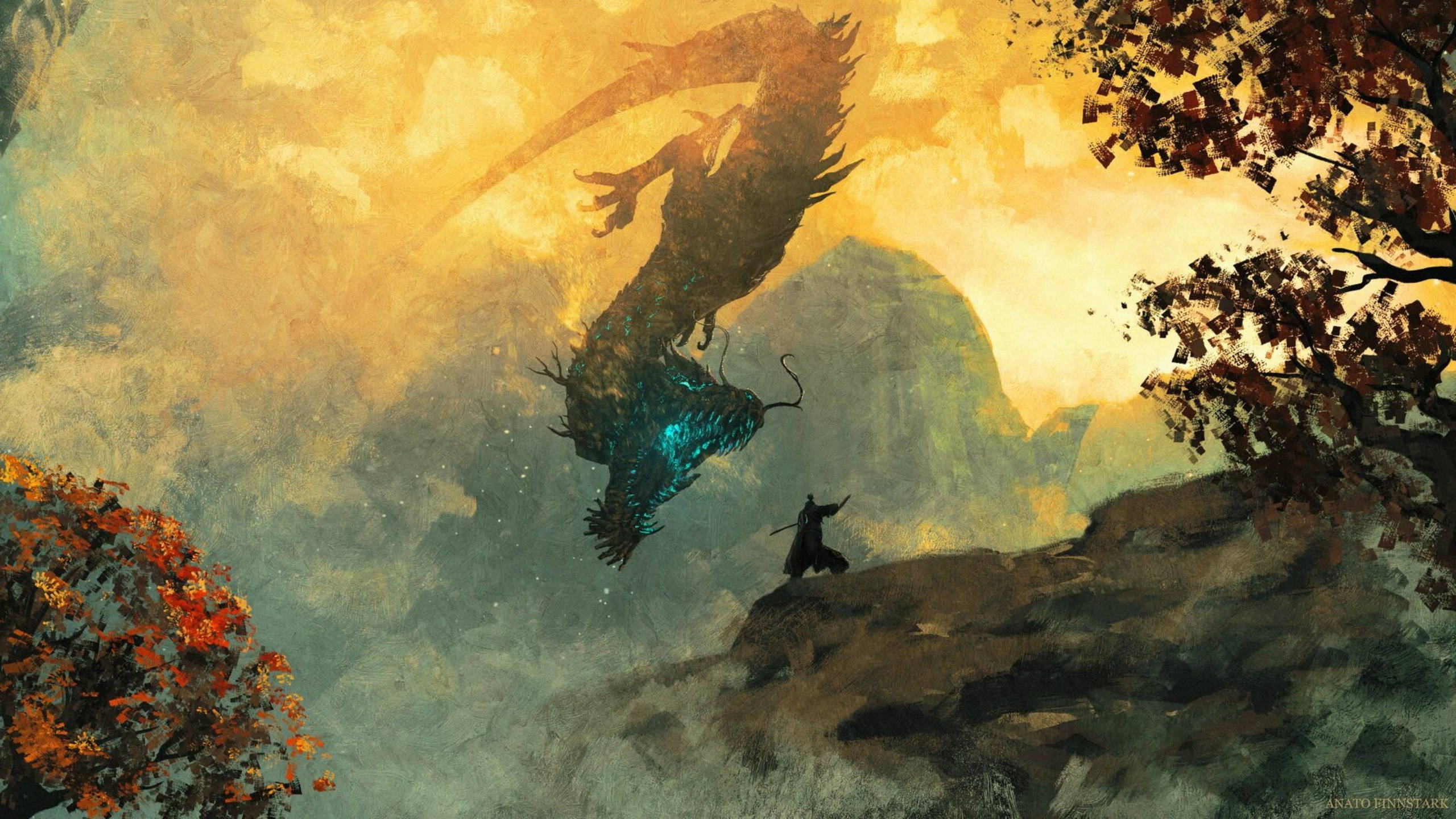 Sekiro 桌布 壁紙 — 一個孤獨的戰士站在懸崖上，面對著一隻在金色夕陽天空中翱翔的巨大龍。