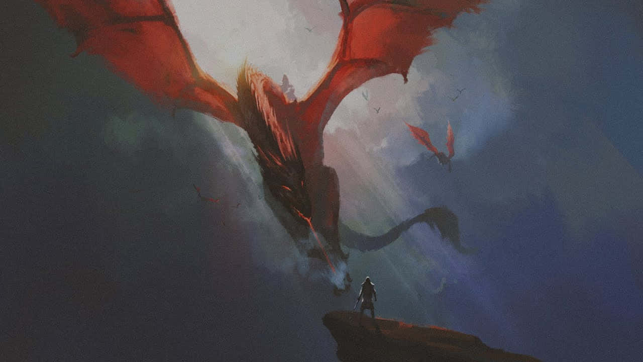 Rodan 桌布 壁紙 — 一個孤獨的戰士站在懸崖上，面對著一隻在暴風雨中翱翔的巨大紅龍，附近還有較小的龍。
