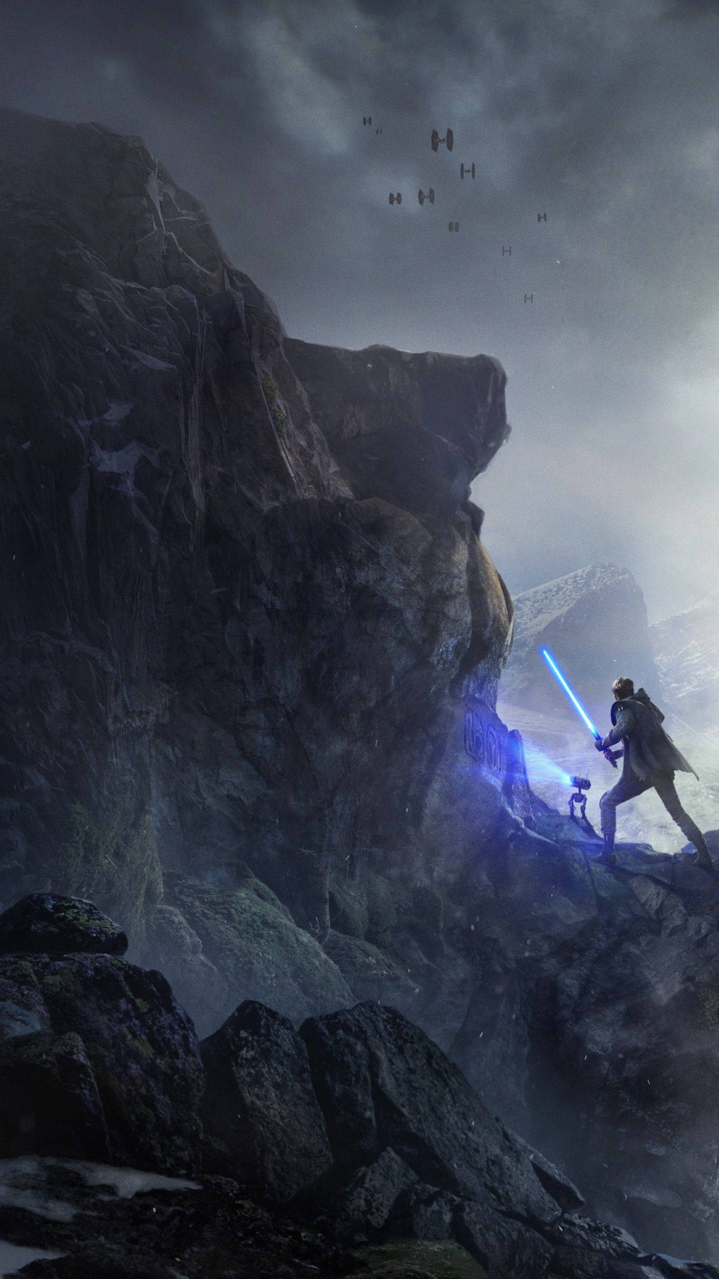 Jedi 桌布 壁紙 — 一個孤獨的戰士站在懸崖邊，揮舞著藍色光劍，星際戰機在暴風雨的天空下飛過頭頂。