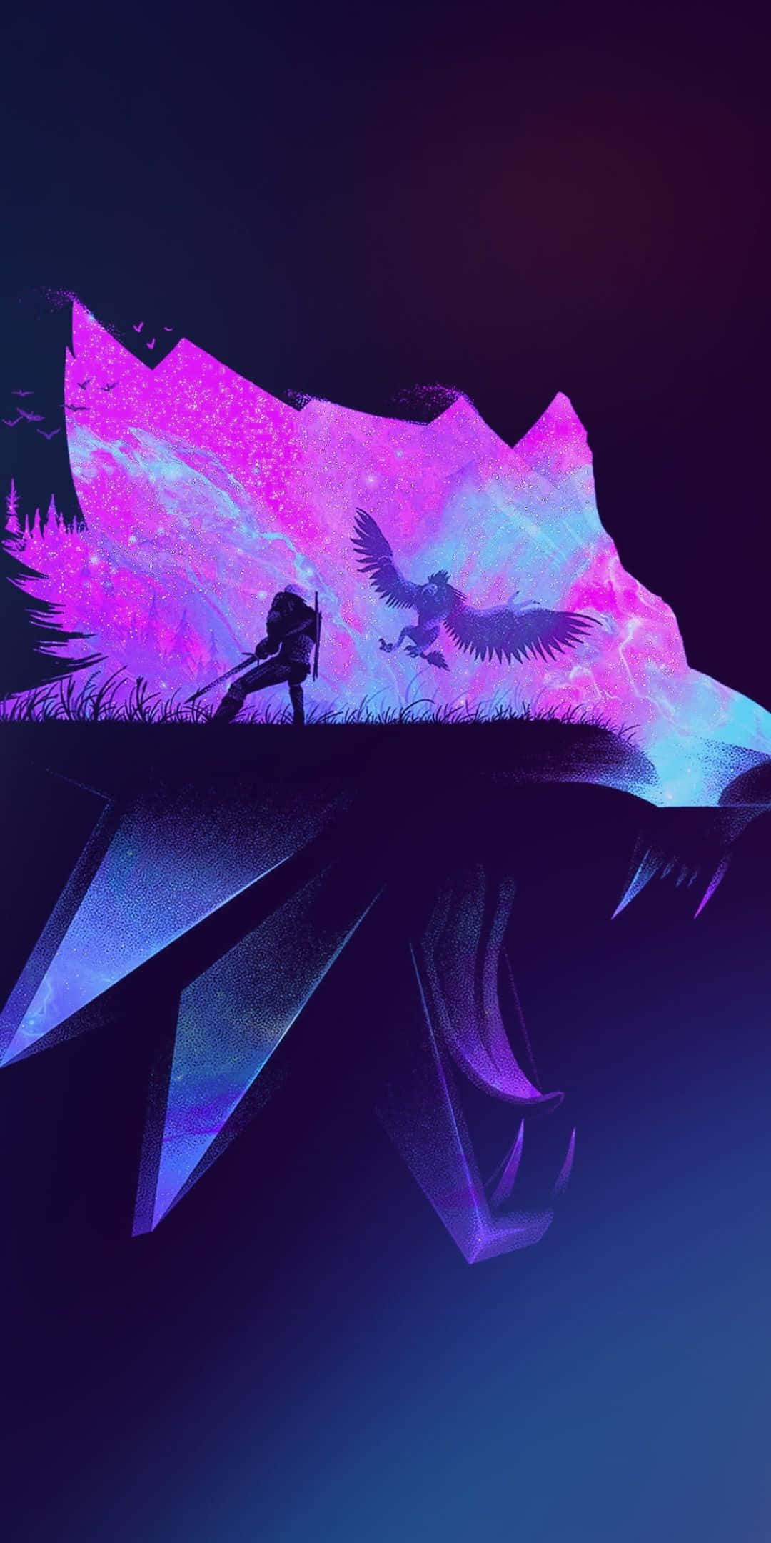 Pixel 3 The Witcher 3 桌布 壁紙 — 一個孤獨的戰士站在懸崖邊，面對著一個發光的紫色狼剪影，有一隻鳥在宇宙夜空下飛翔。