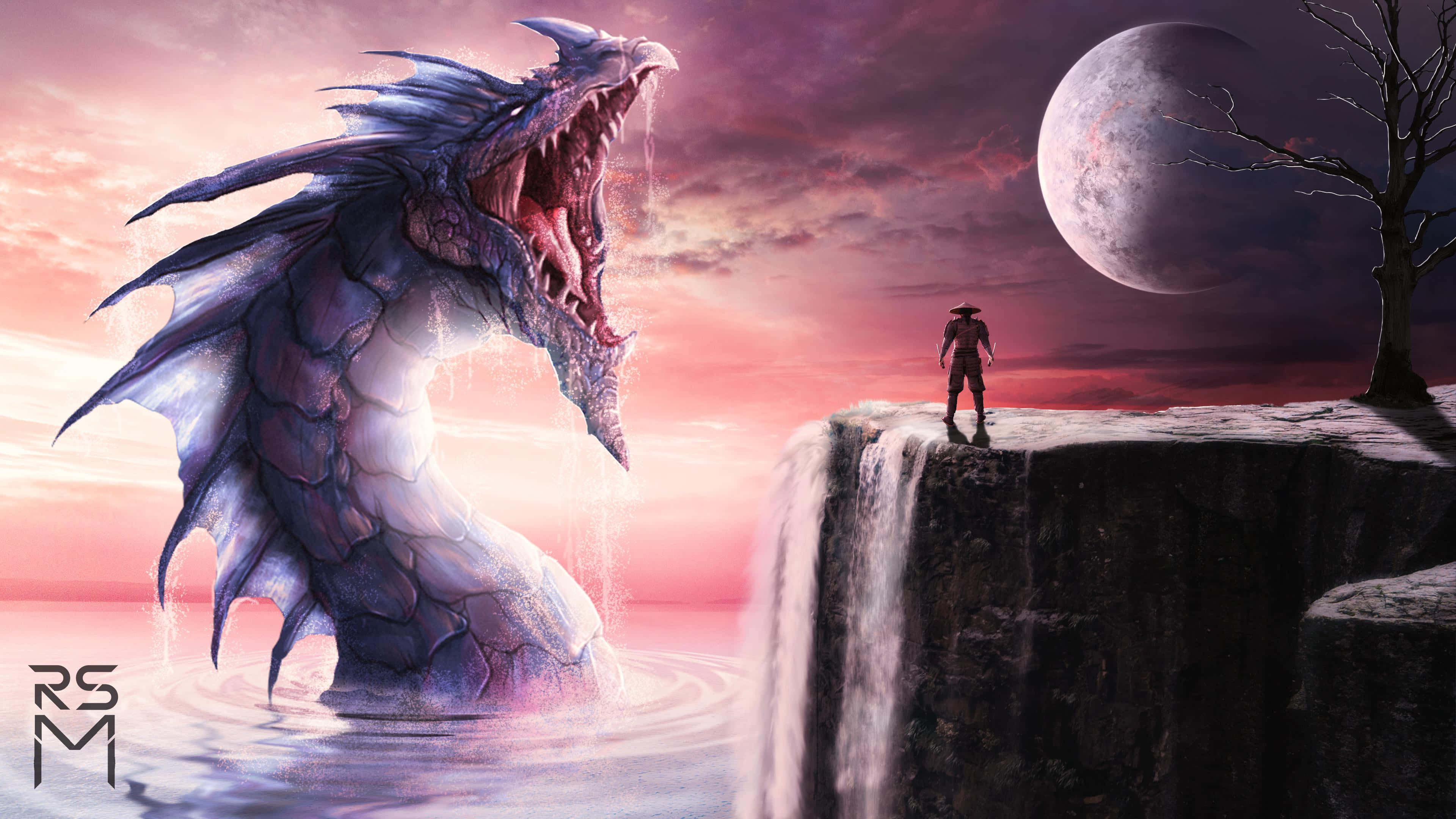 Mystical Dragon 桌布 壁紙 — 一個孤獨的戰士站在懸崖邊，面對著一隻從水中出現的巨大龍，背景是黃昏的天空和一輪巨大的月亮。